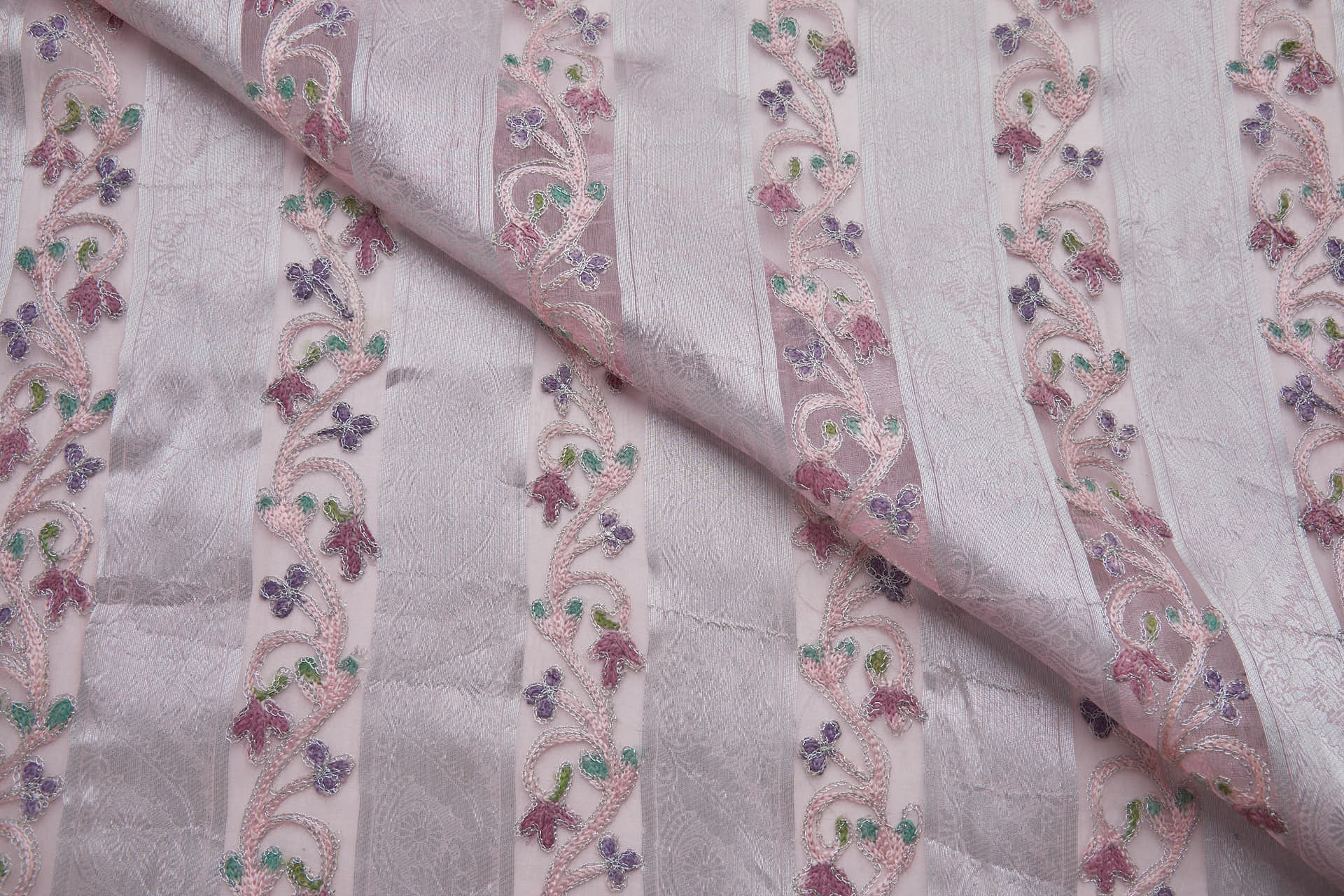 Woven Organza Stripe with Crewel Embroidery - Pink, Silver and Mauve fabric, image 3 of 8