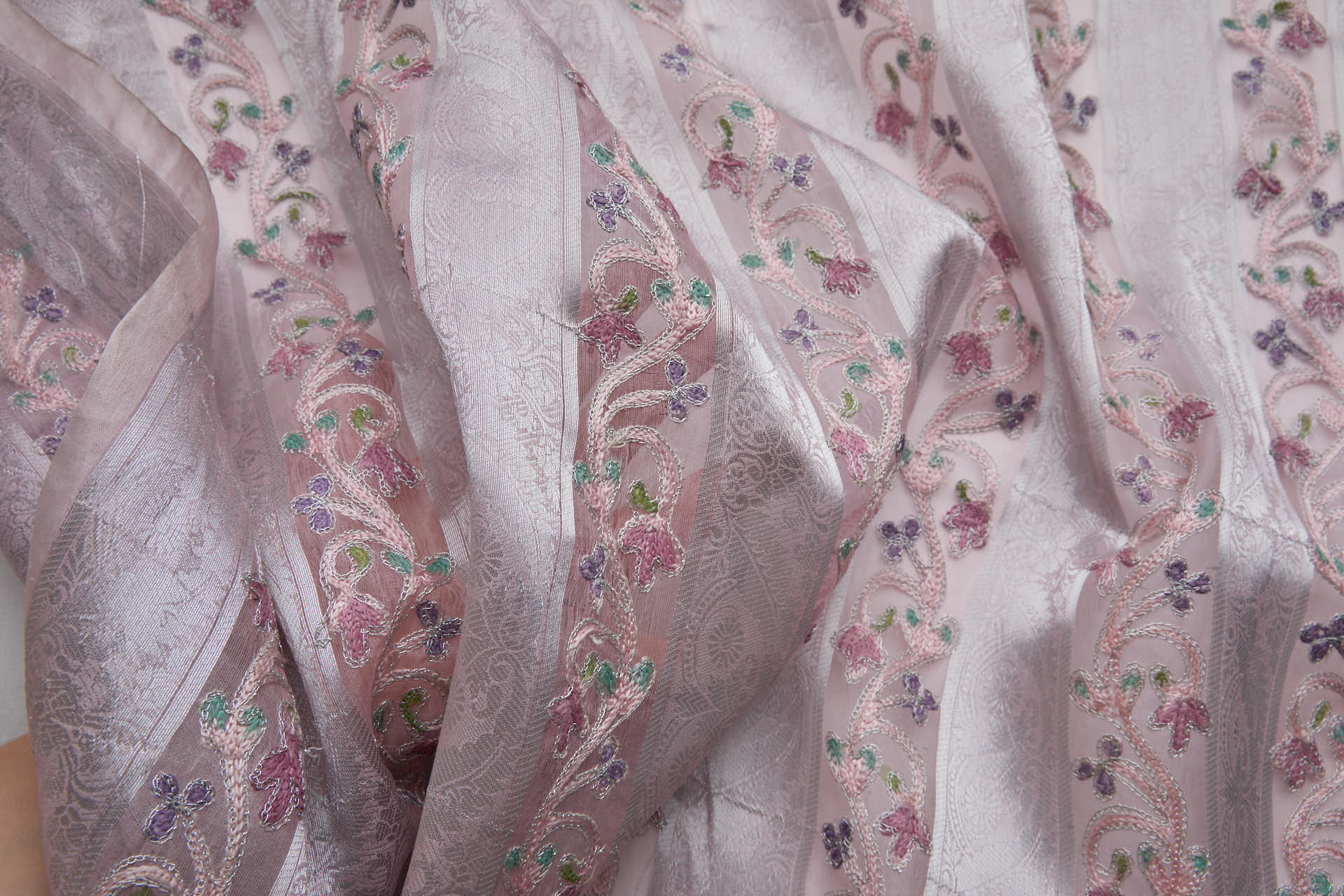 Woven Organza Stripe with Crewel Embroidery - Pink, Silver and Mauve fabric, image 7 of 8
