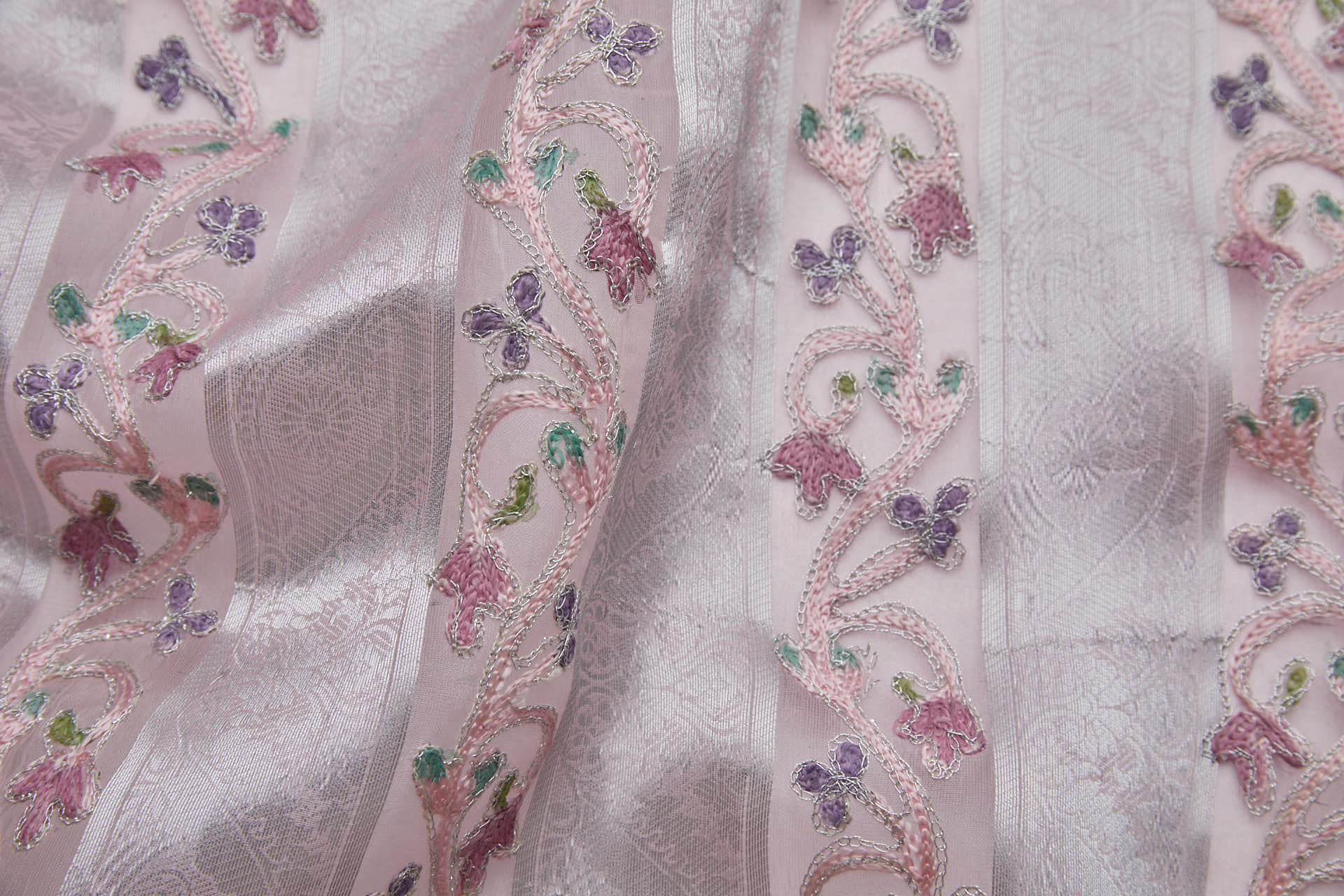 Woven Organza Stripe with Crewel Embroidery - Pink, Silver and Mauve fabric, image 2 of 8
