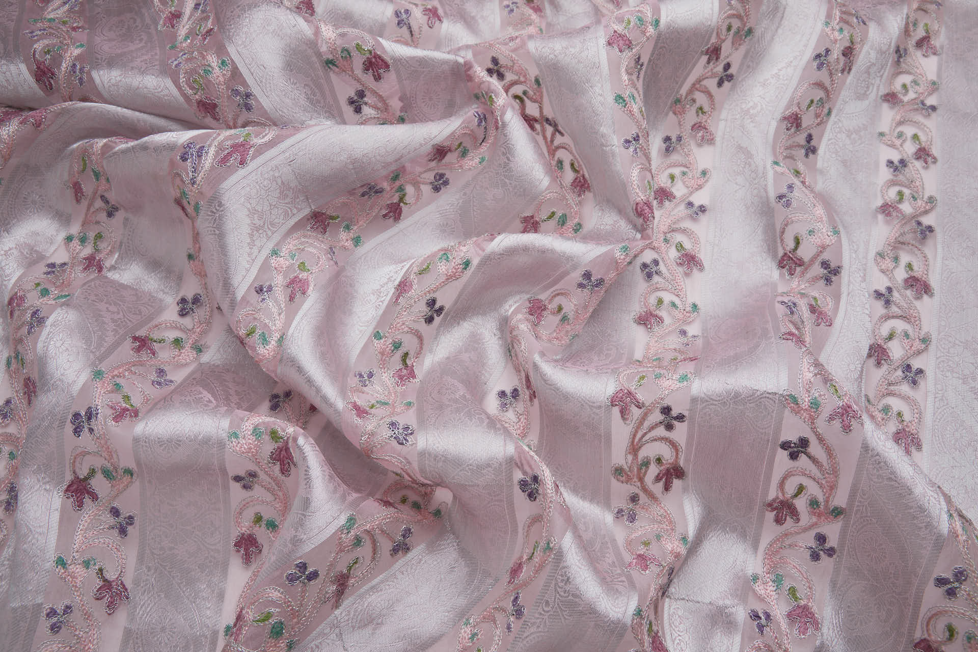 Woven Organza Stripe with Crewel Embroidery - Pink, Silver and Mauve fabric, image 4 of 8