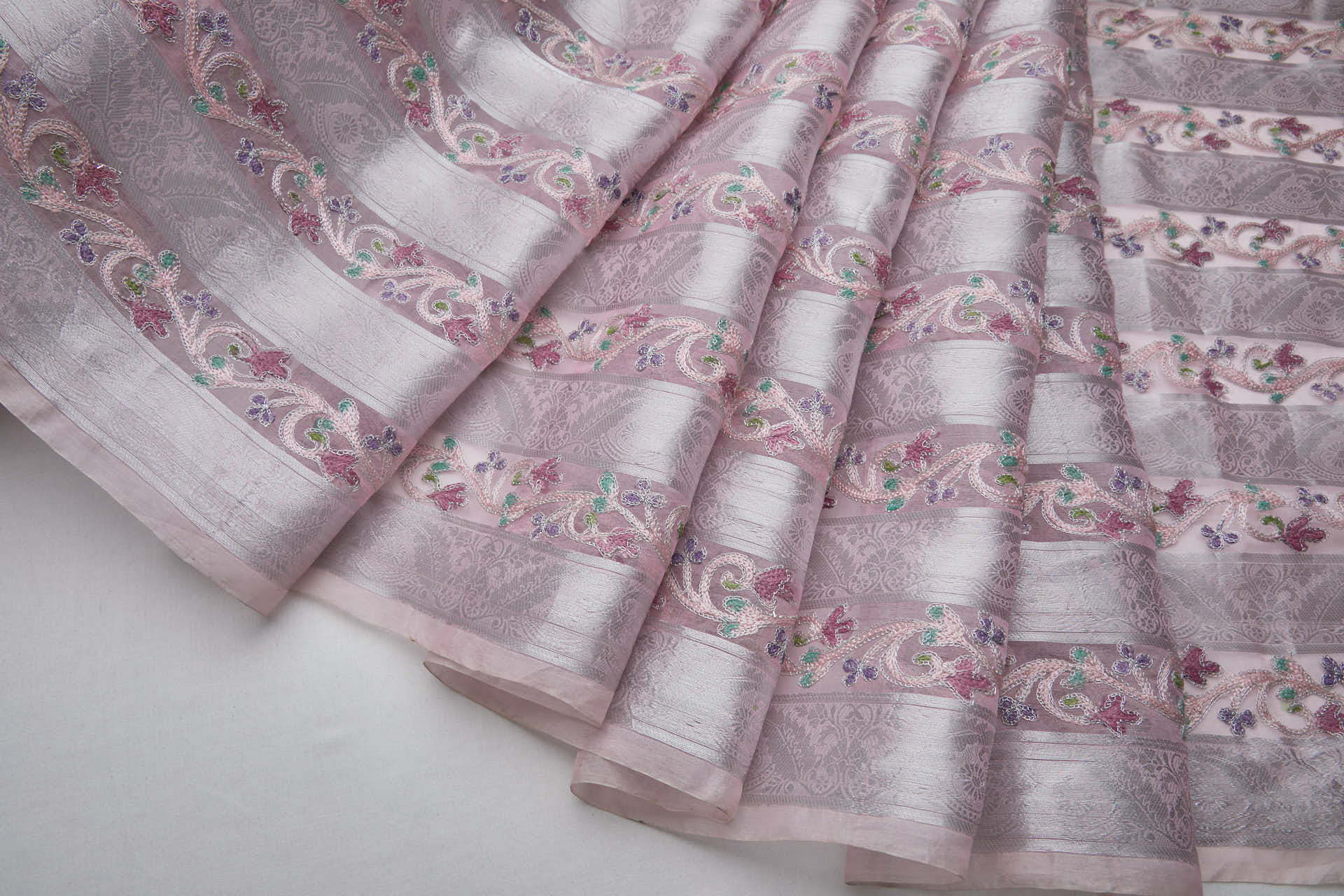 Woven Organza Stripe with Crewel Embroidery - Pink, Silver and Mauve fabric