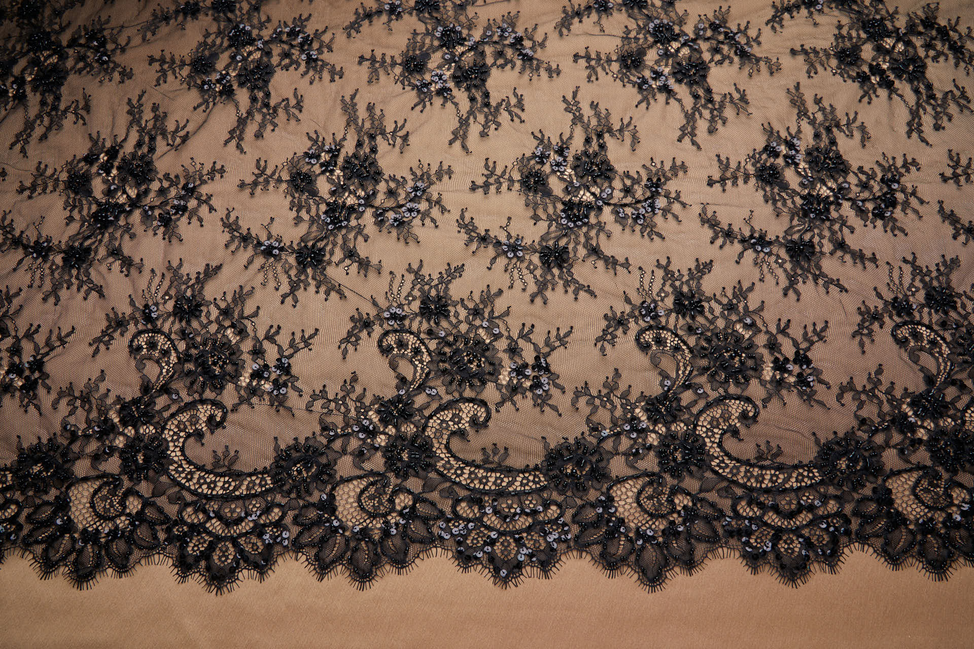 Beaded and Sequinned Chantilly Lace in Black fabric, image 11 of 11