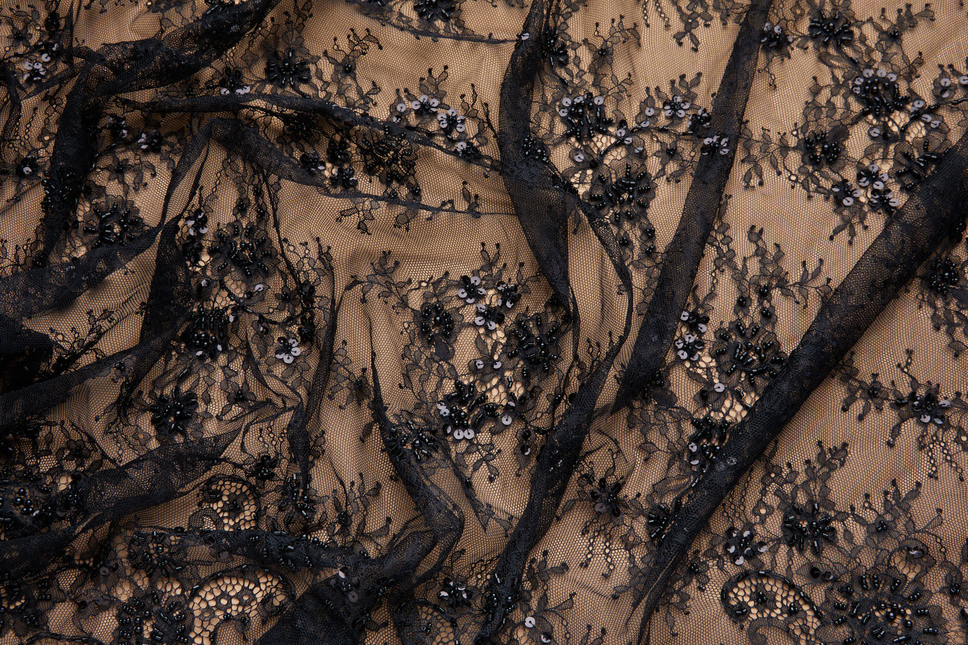 Beaded and Sequinned Chantilly Lace in Black fabric, image 2 of 11