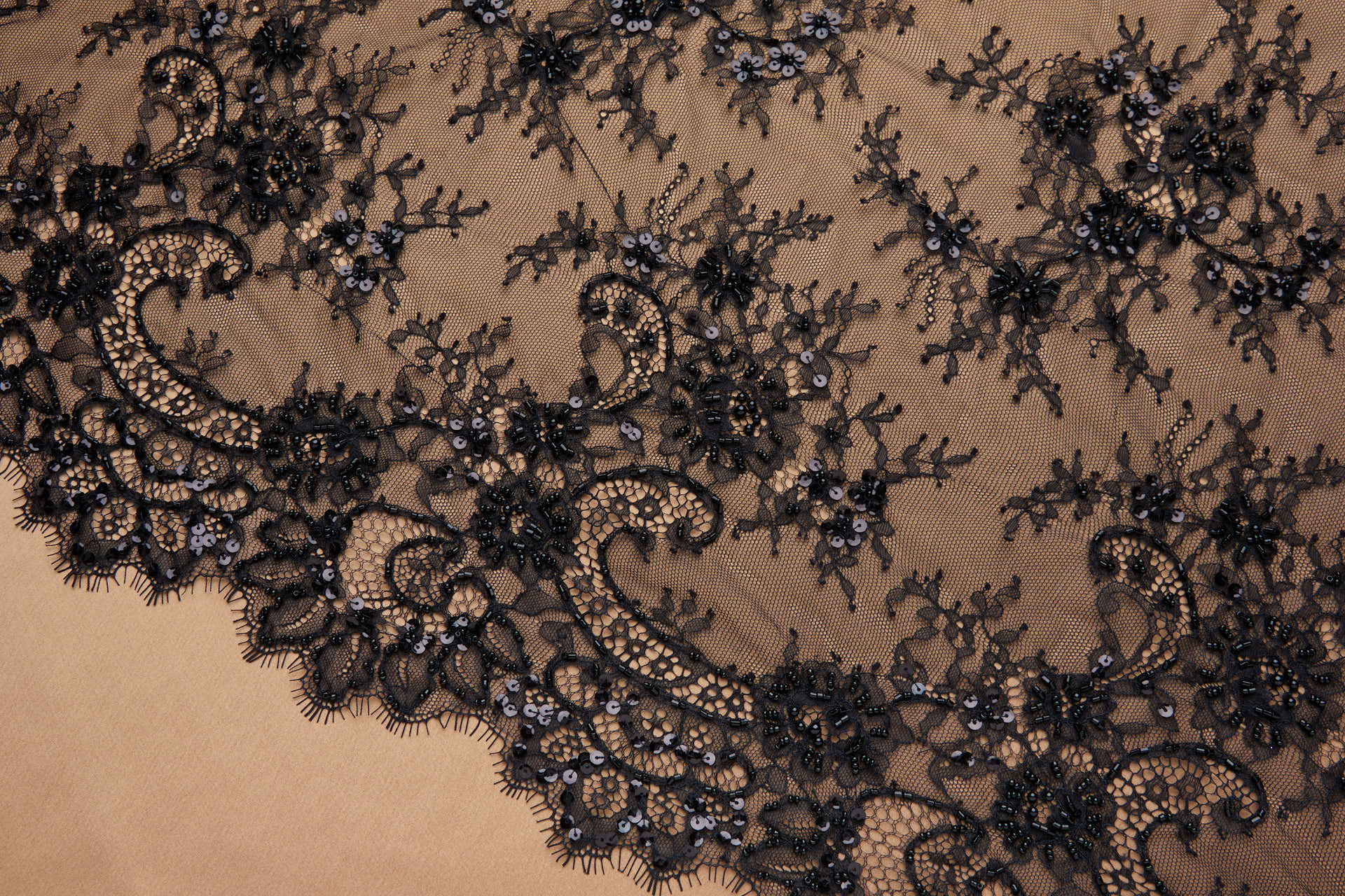Beaded and Sequinned Chantilly Lace in Black fabric, image 9 of 11