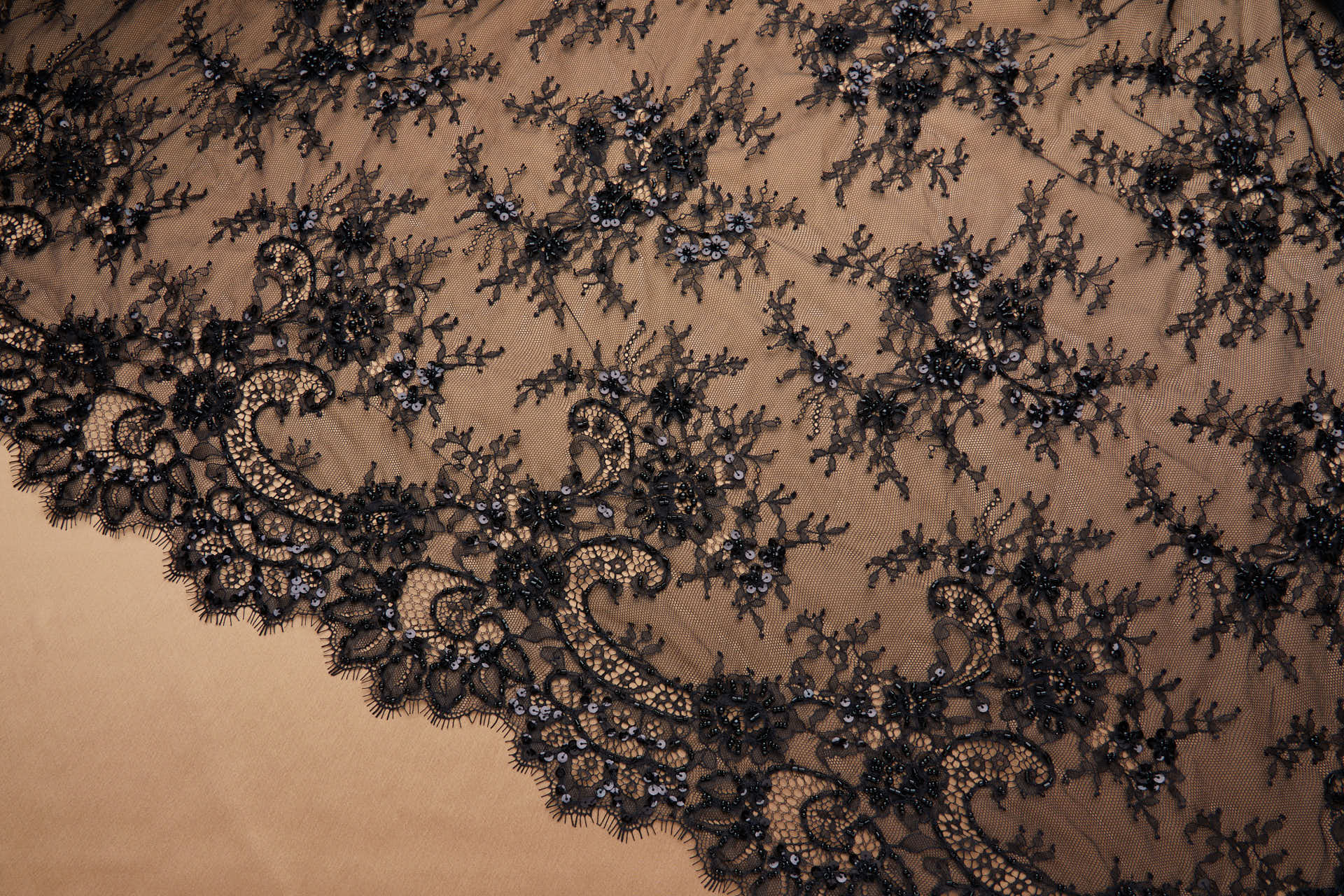 Beaded and Sequinned Chantilly Lace in Black fabric, image 5 of 11