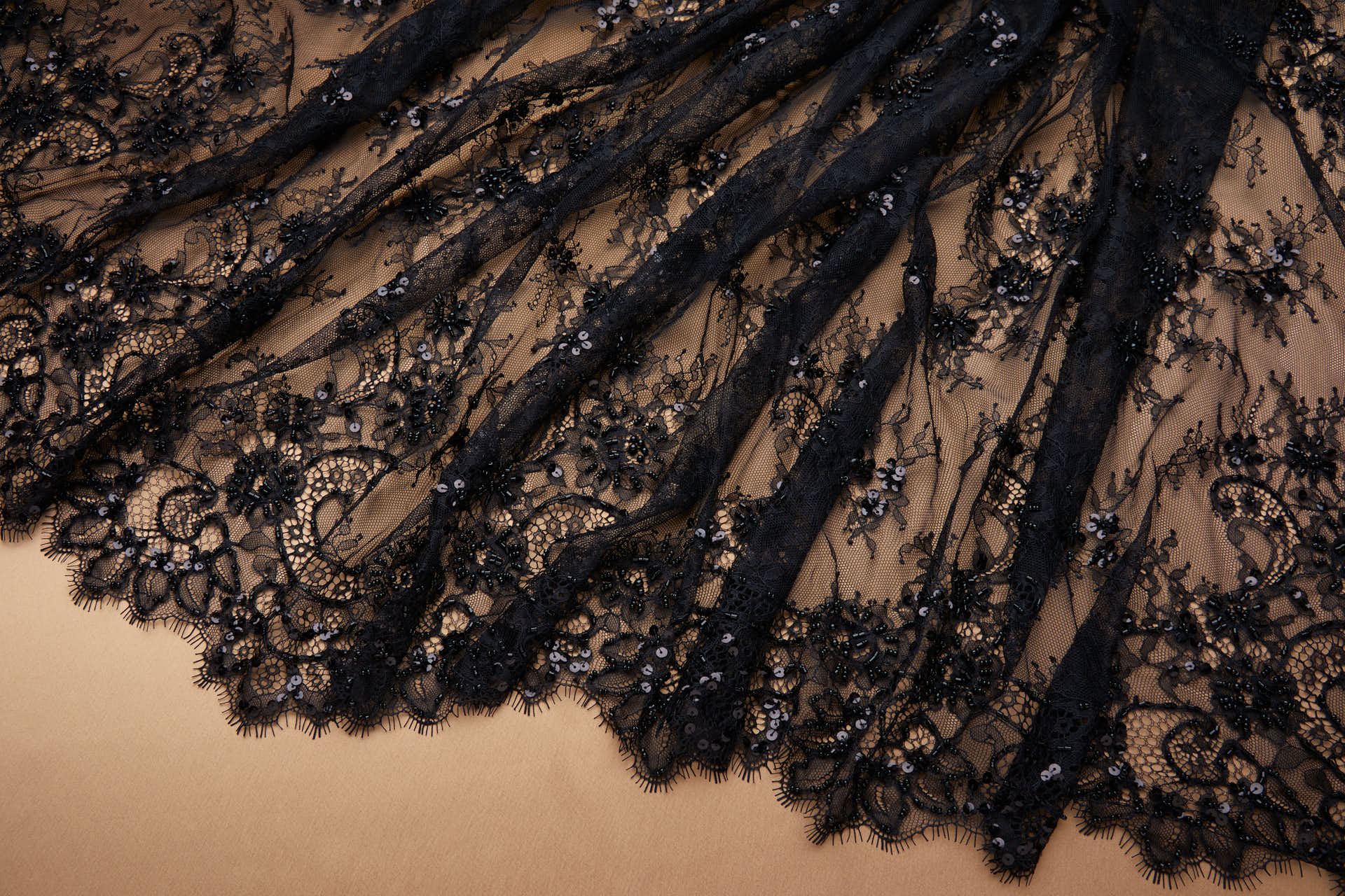 Beaded and Sequinned Chantilly Lace in Black fabric, image 7 of 11