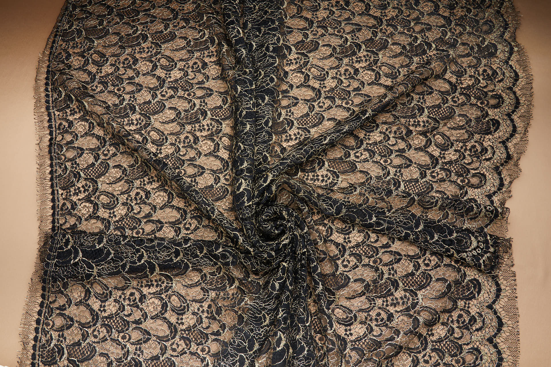 Abstract Feathers Leavers Lace - Black with Gold Cording fabric, image 8 of 19