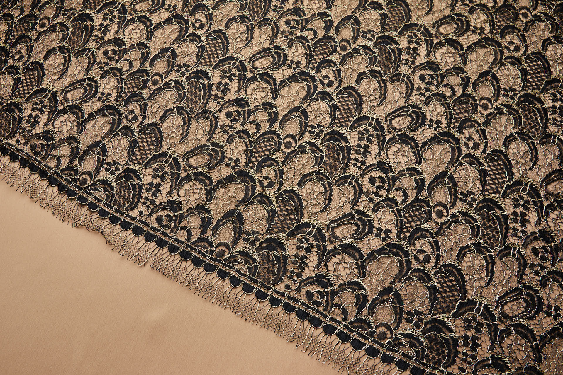 Abstract Feathers Leavers Lace - Black with Gold Cording fabric, image 14 of 19