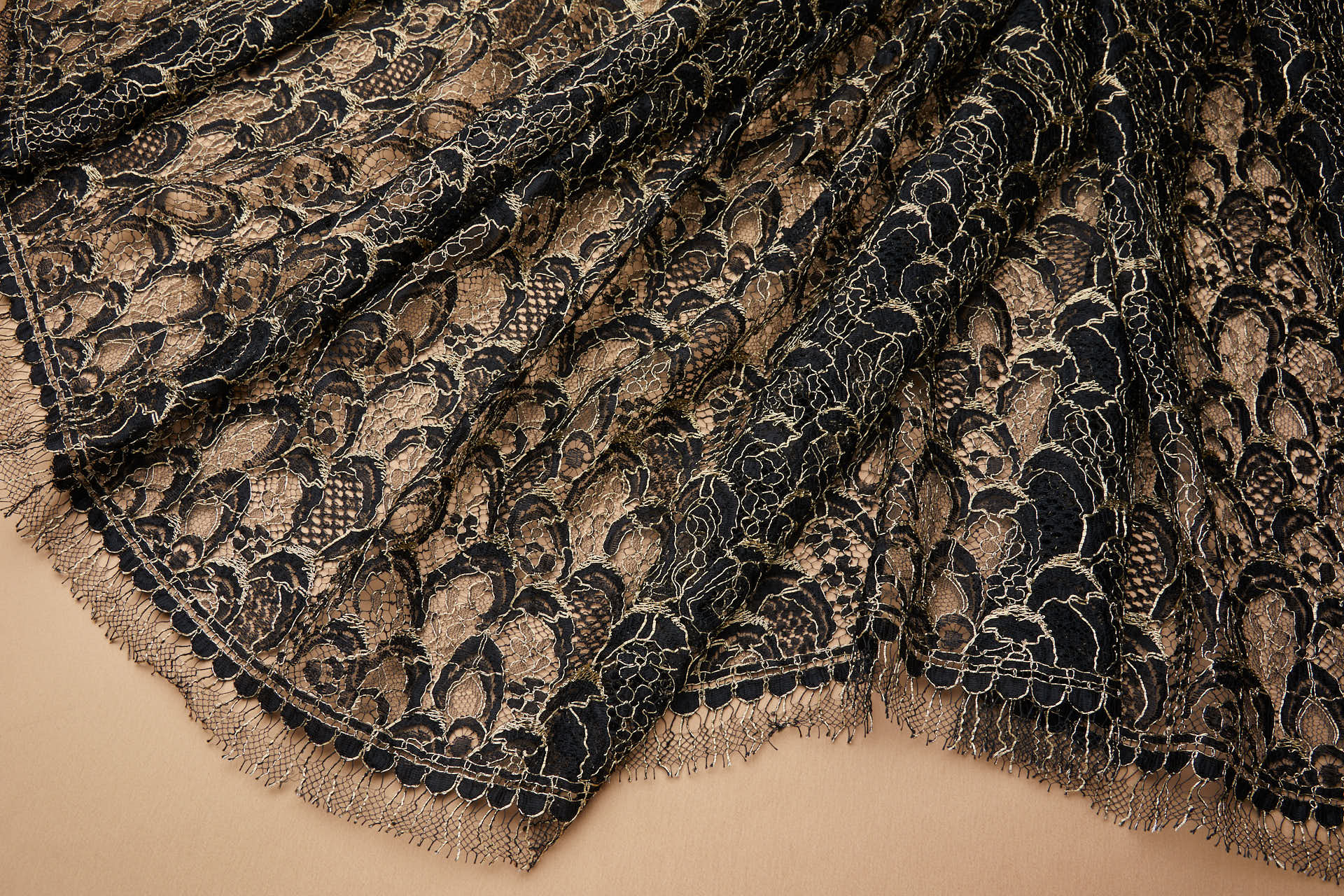 Abstract Feathers Leavers Lace - Black with Gold Cording fabric, image 4 of 19