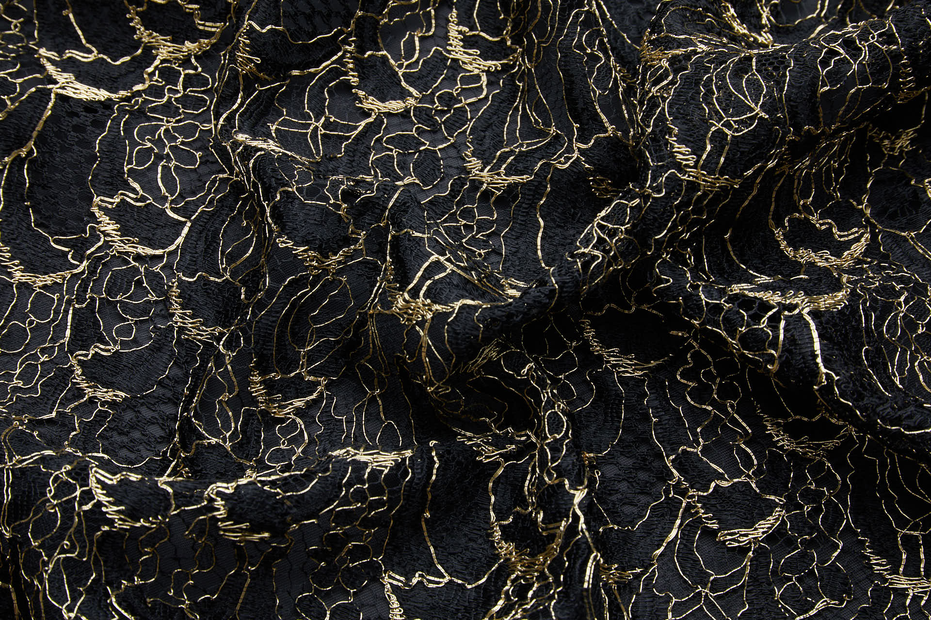 Abstract Feathers Leavers Lace - Black with Gold Cording fabric, image 17 of 19
