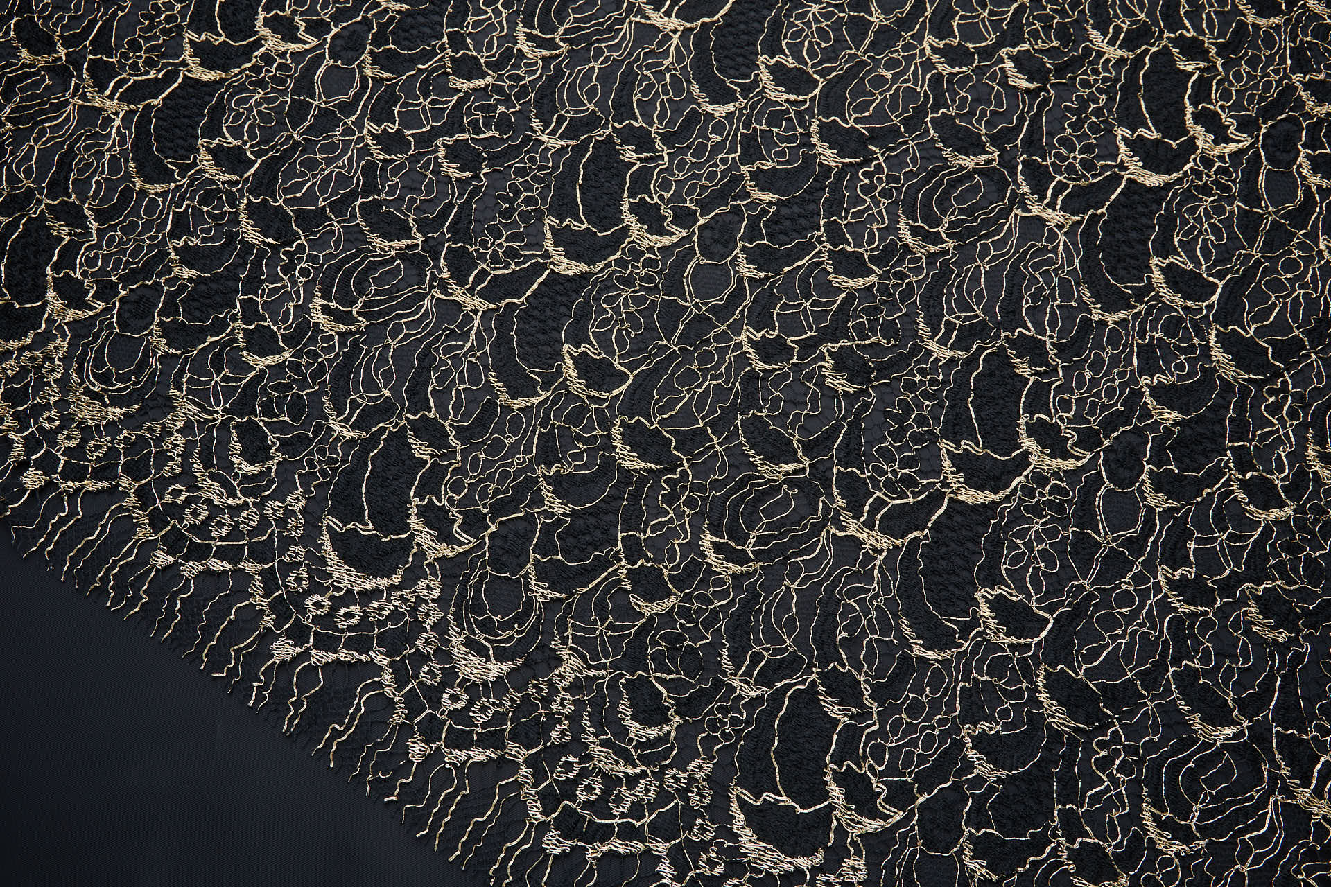 Abstract Feathers Leavers Lace - Black with Gold Cording fabric, image 3 of 19
