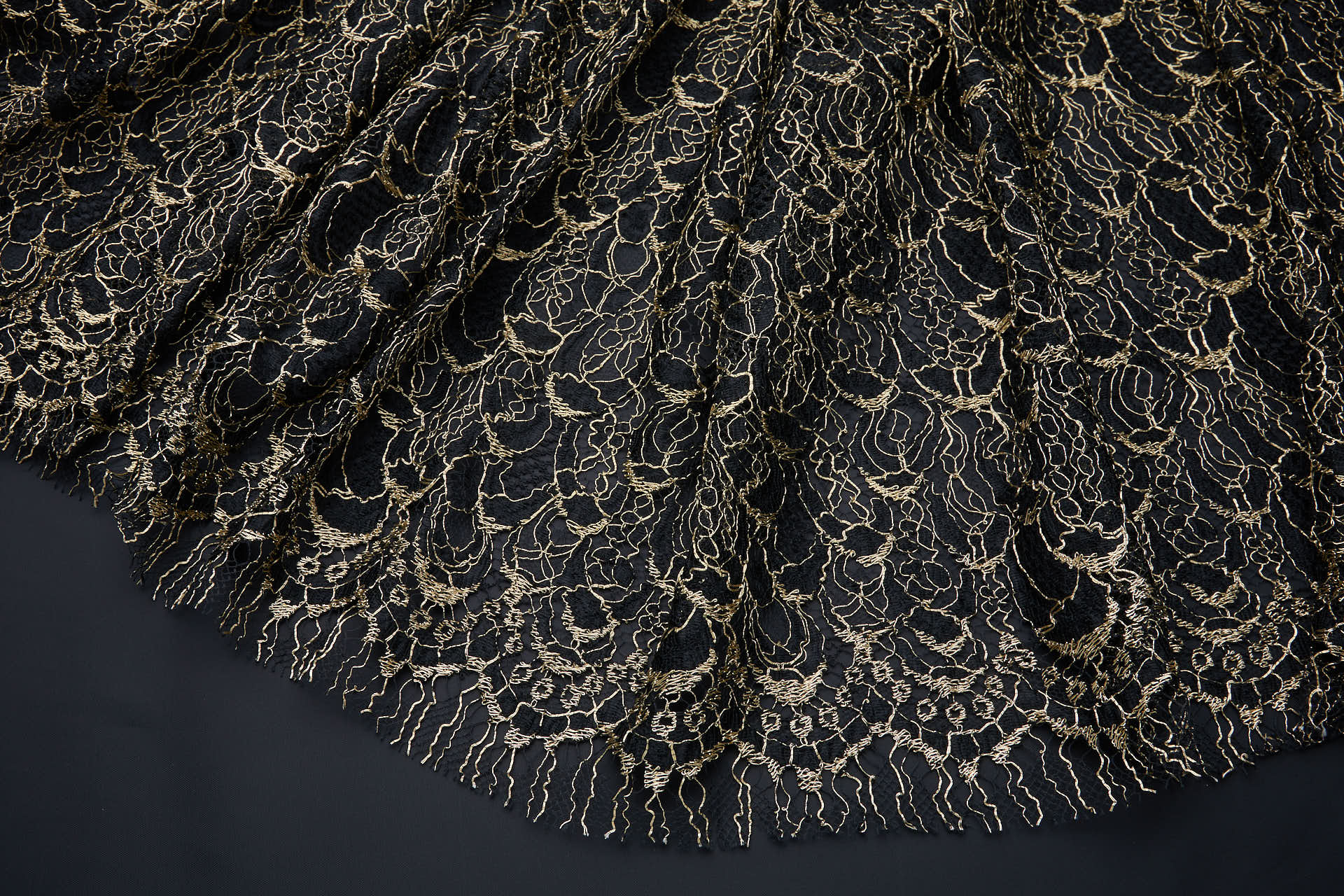 Abstract Feathers Leavers Lace - Black with Gold Cording fabric, image 5 of 19