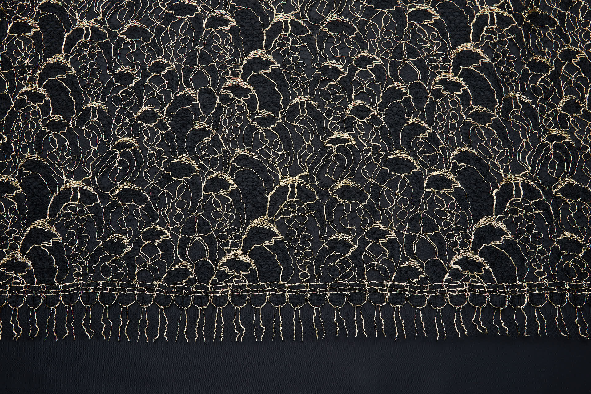 Abstract Feathers Leavers Lace - Black with Gold Cording fabric, image 7 of 19