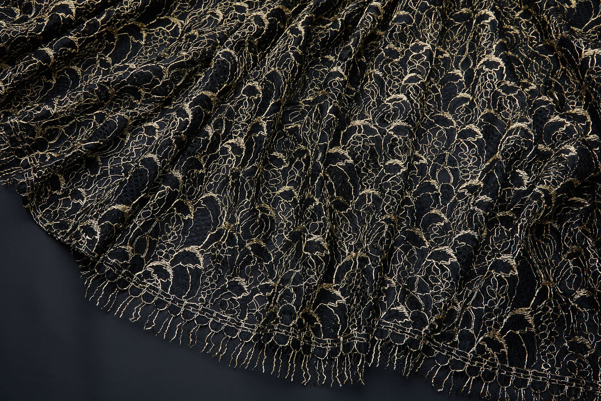 Abstract Feathers Leavers Lace - Black with Gold Cording fabric, image 18 of 19