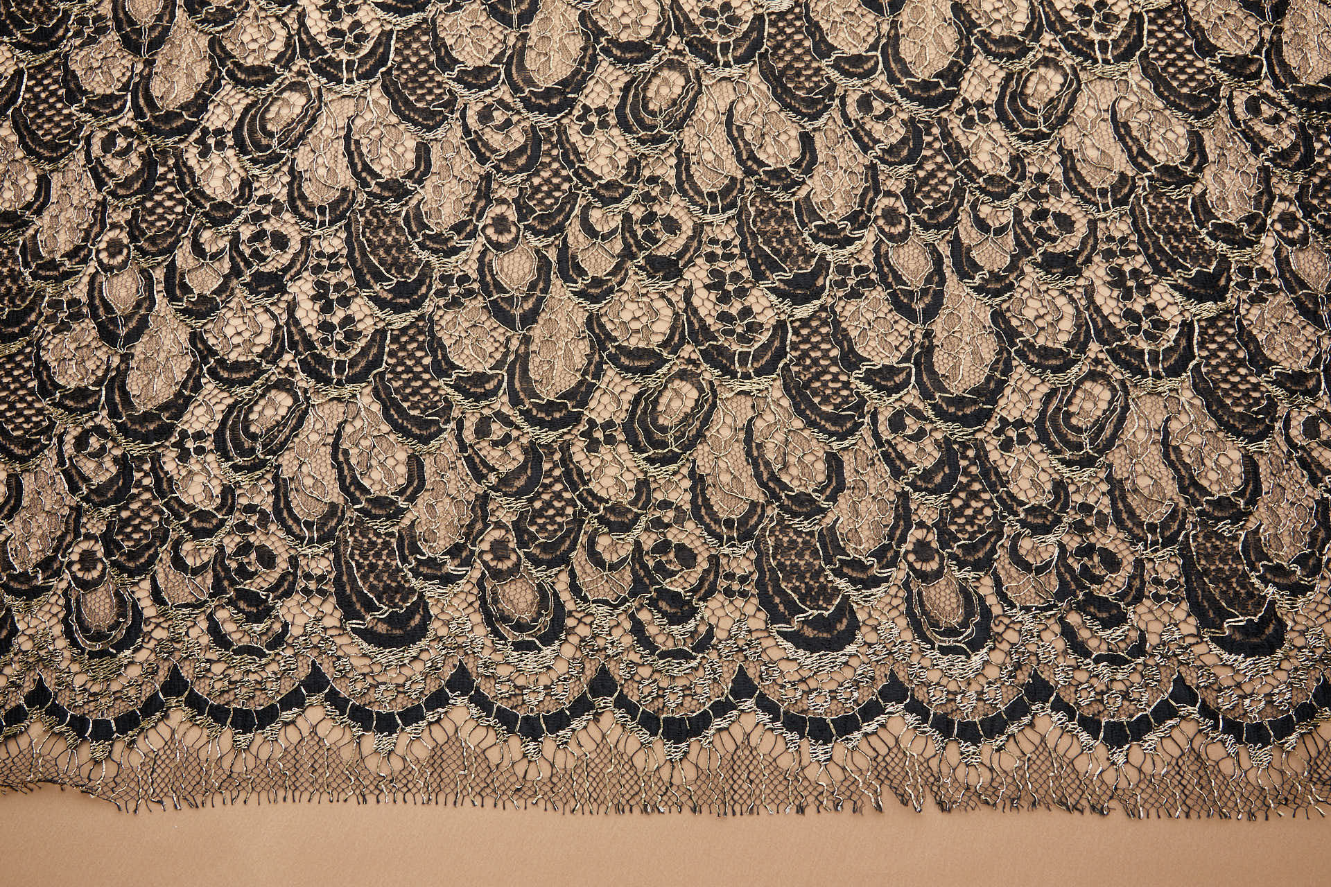Abstract Feathers Leavers Lace - Black with Gold Cording fabric, image 9 of 19