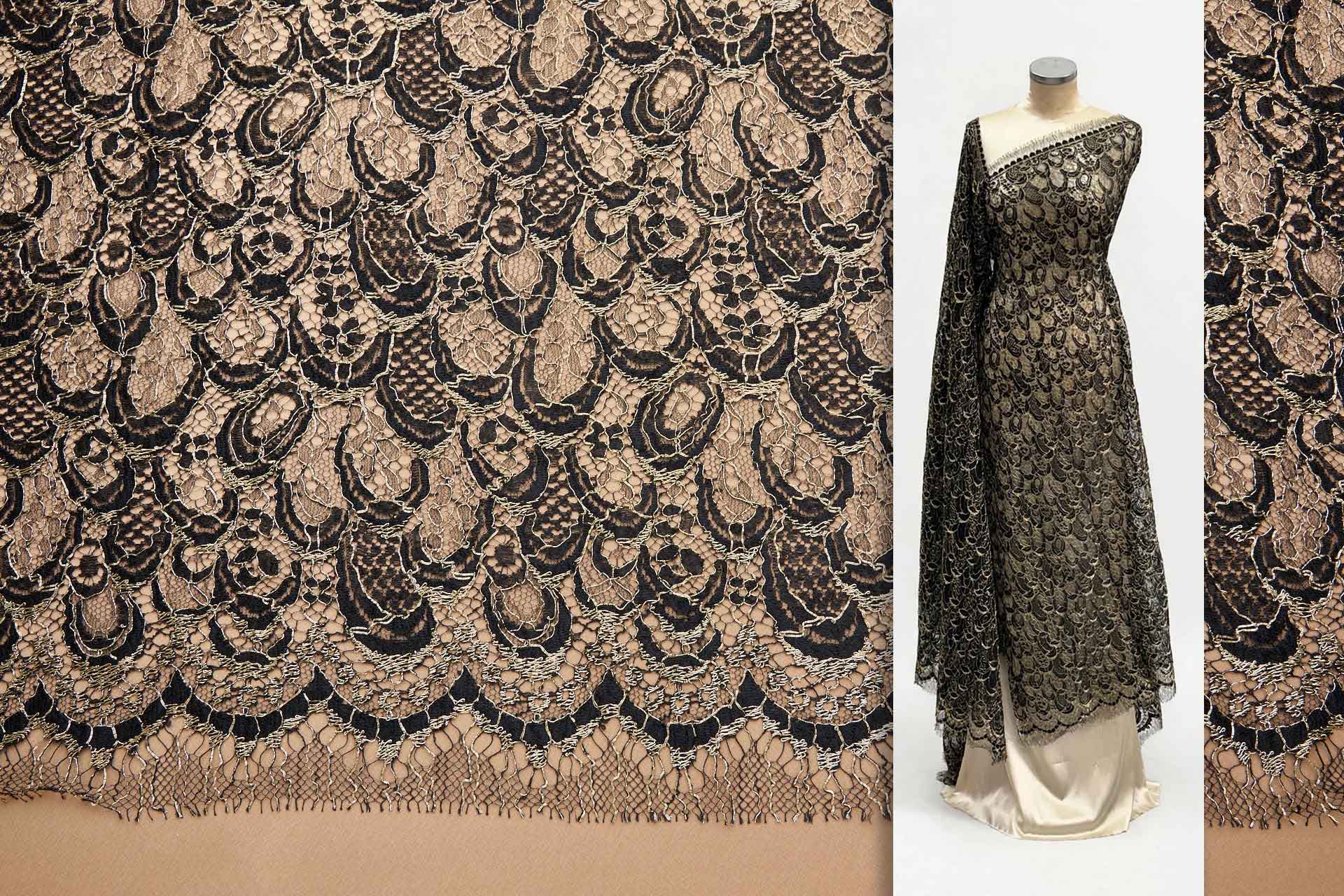 Abstract Feathers Leavers Lace - Black with Gold Cording fabric