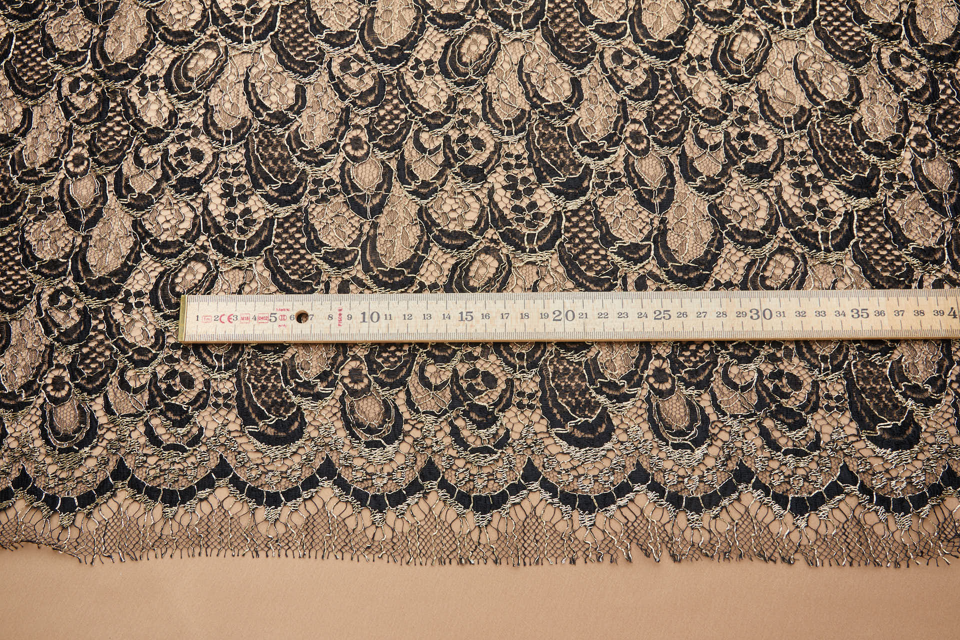 Abstract Feathers Leavers Lace - Black with Gold Cording fabric, image 10 of 19