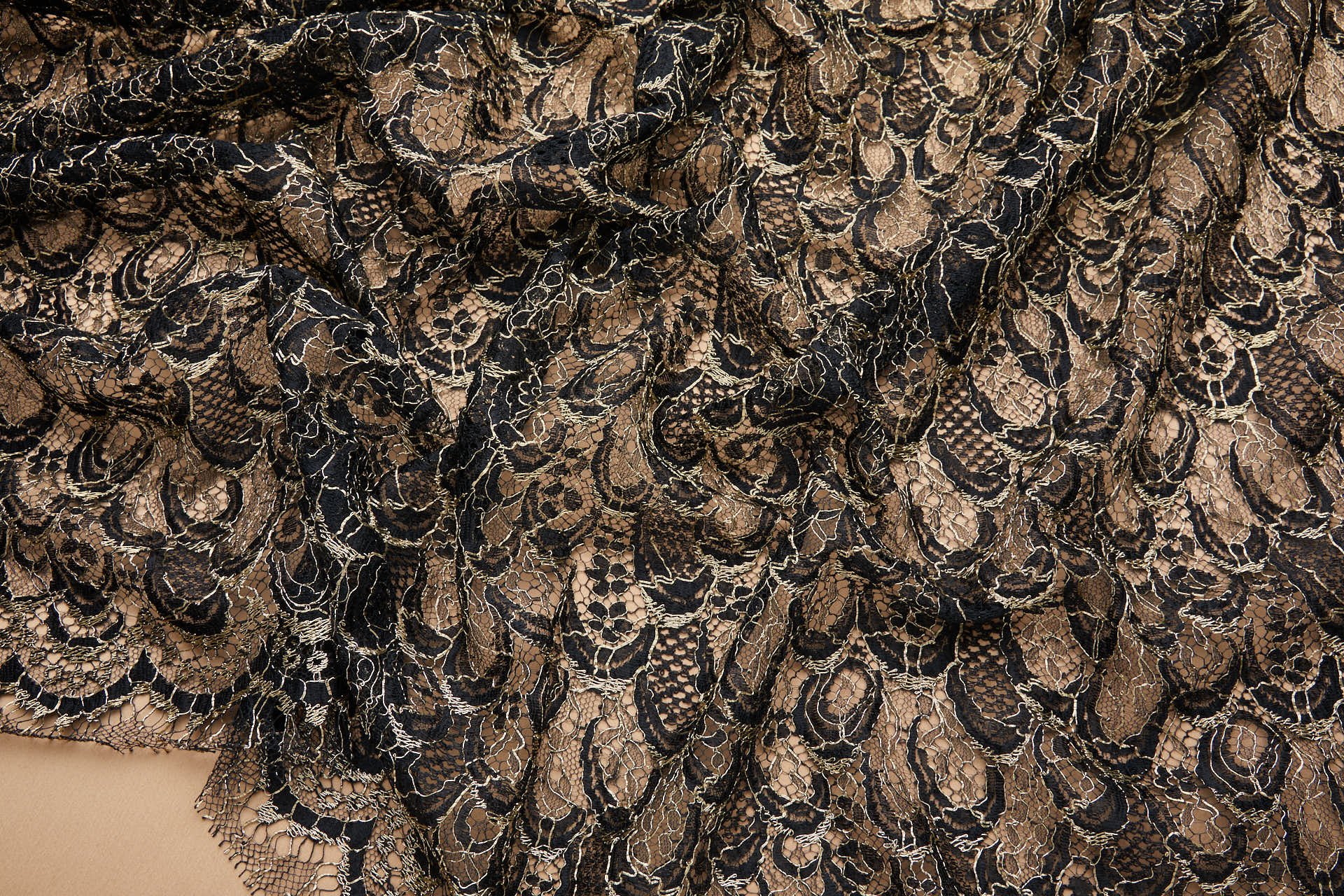 Abstract Feathers Leavers Lace - Black with Gold Cording fabric, image 11 of 19
