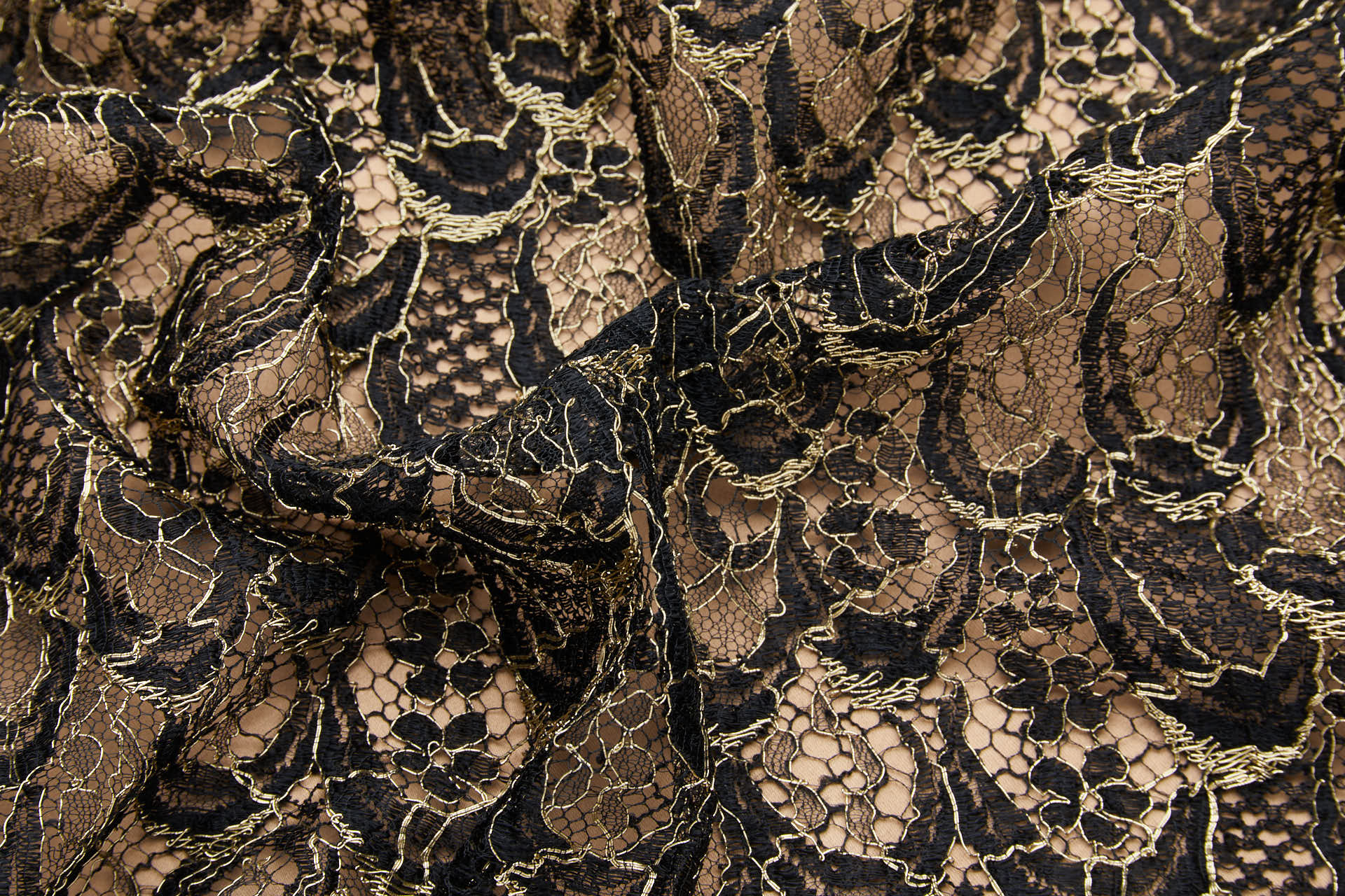 Abstract Feathers Leavers Lace - Black with Gold Cording fabric, image 12 of 19