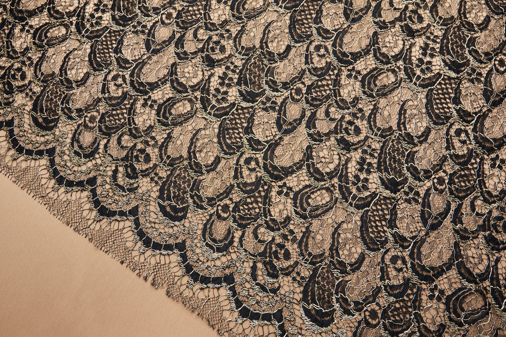 Abstract Feathers Leavers Lace - Black with Gold Cording fabric, image 13 of 19