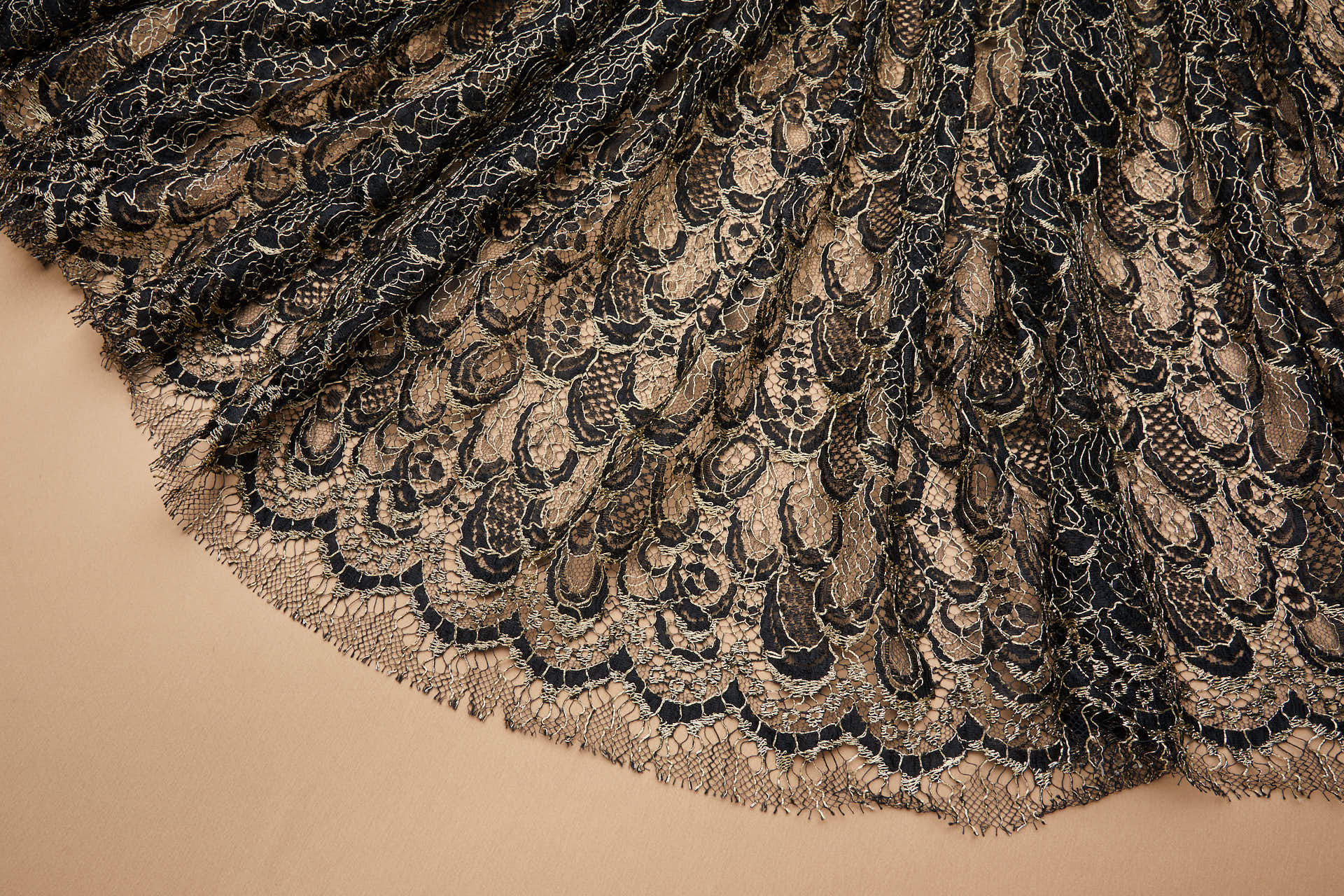 Abstract Feathers Leavers Lace - Black with Gold Cording fabric, image 2 of 19
