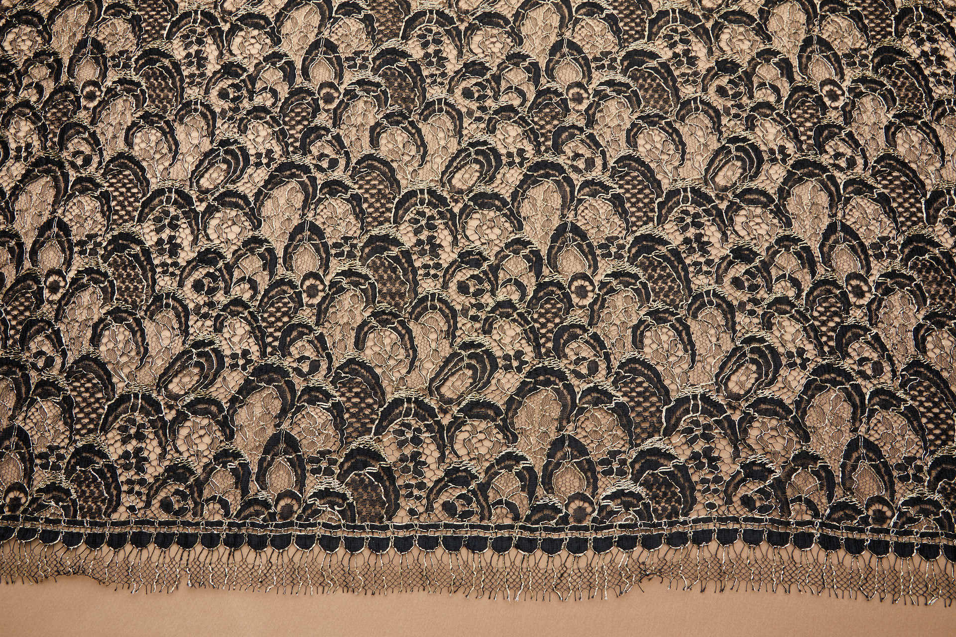 Abstract Feathers Leavers Lace - Black with Gold Cording fabric, image 6 of 19