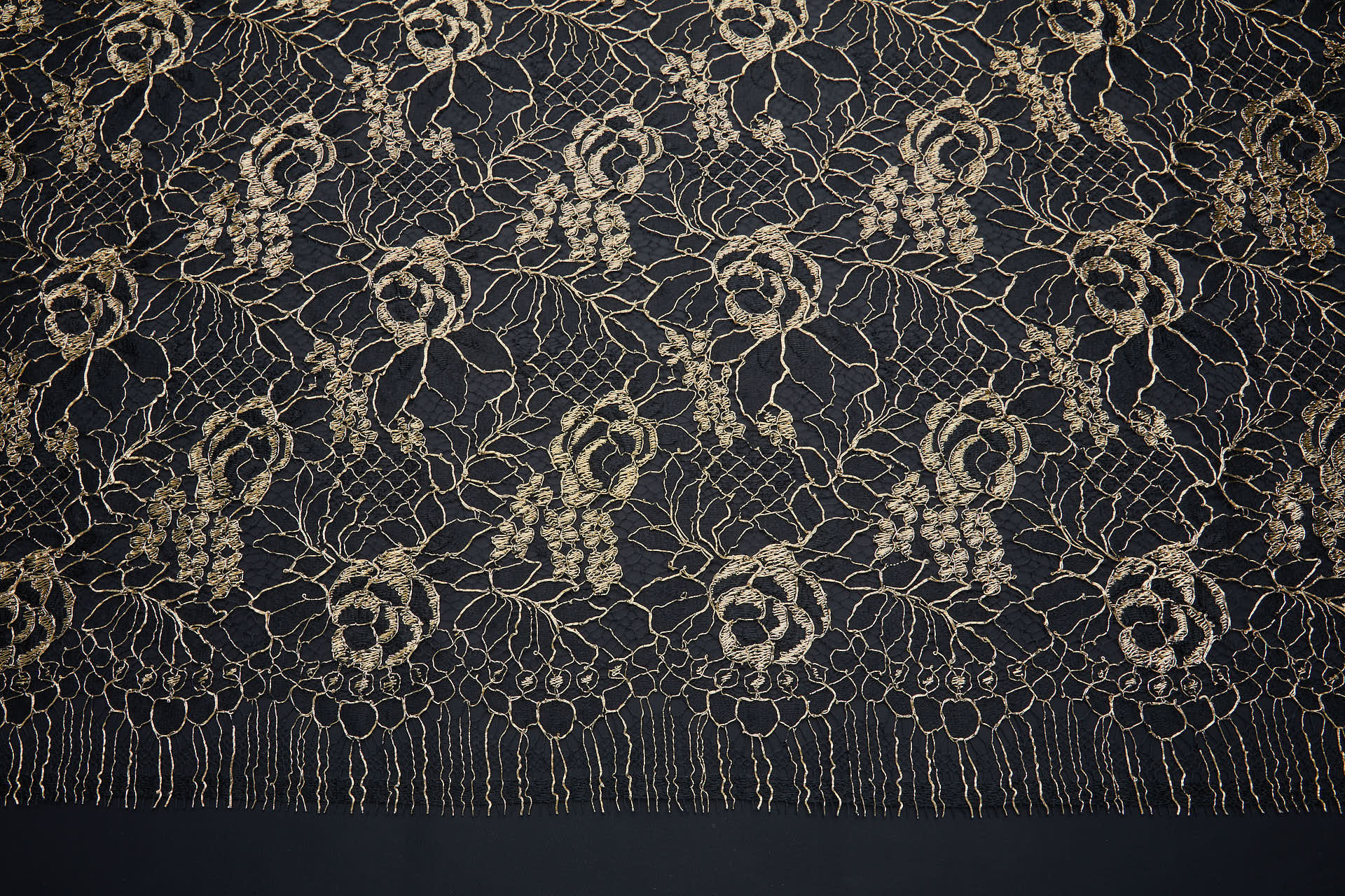 Flowers and Foliage Lace - Black with Gold Cord fabric, image 2 of 12
