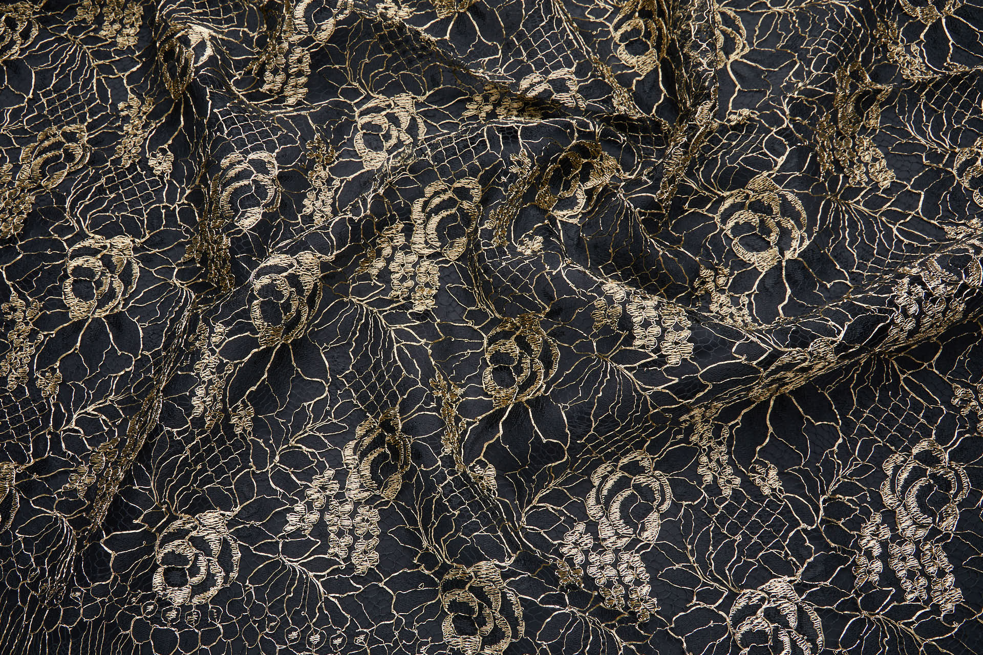 Flowers and Foliage Lace - Black with Gold Cord fabric, image 4 of 12