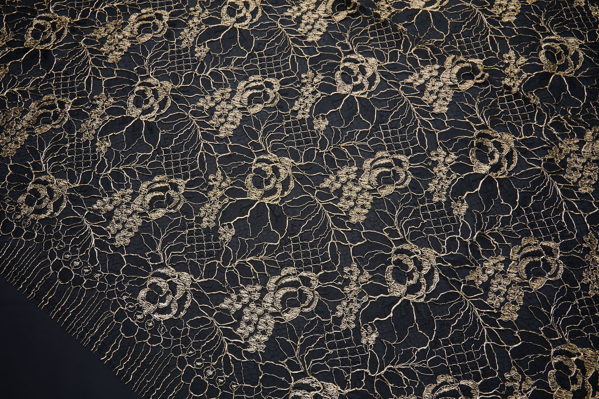 Flowers and Foliage Lace - Black with Gold Cord fabric, image 6 of 12