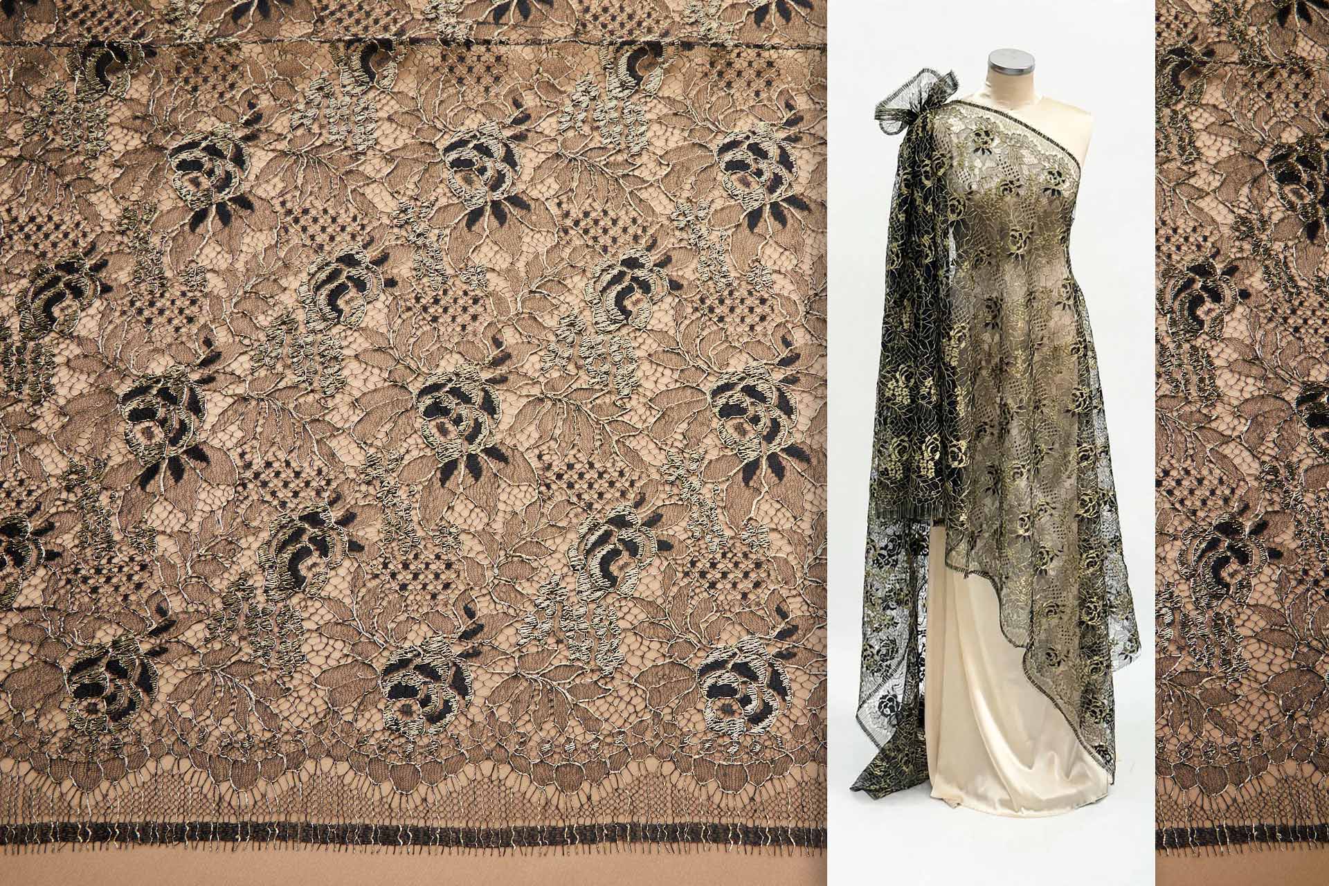 Flowers and Foliage Lace - Black with Gold Cord fabric