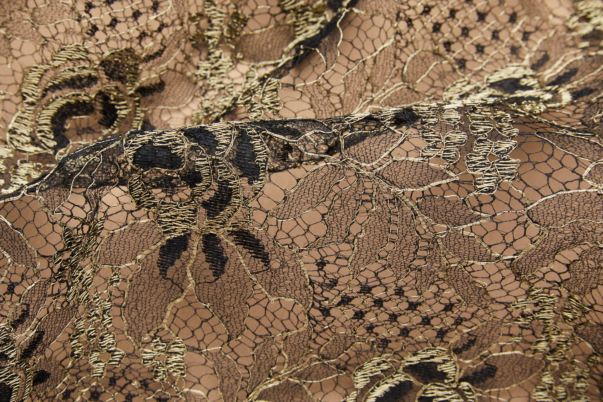 Flowers and Foliage Lace - Black with Gold Cord fabric, image 5 of 12