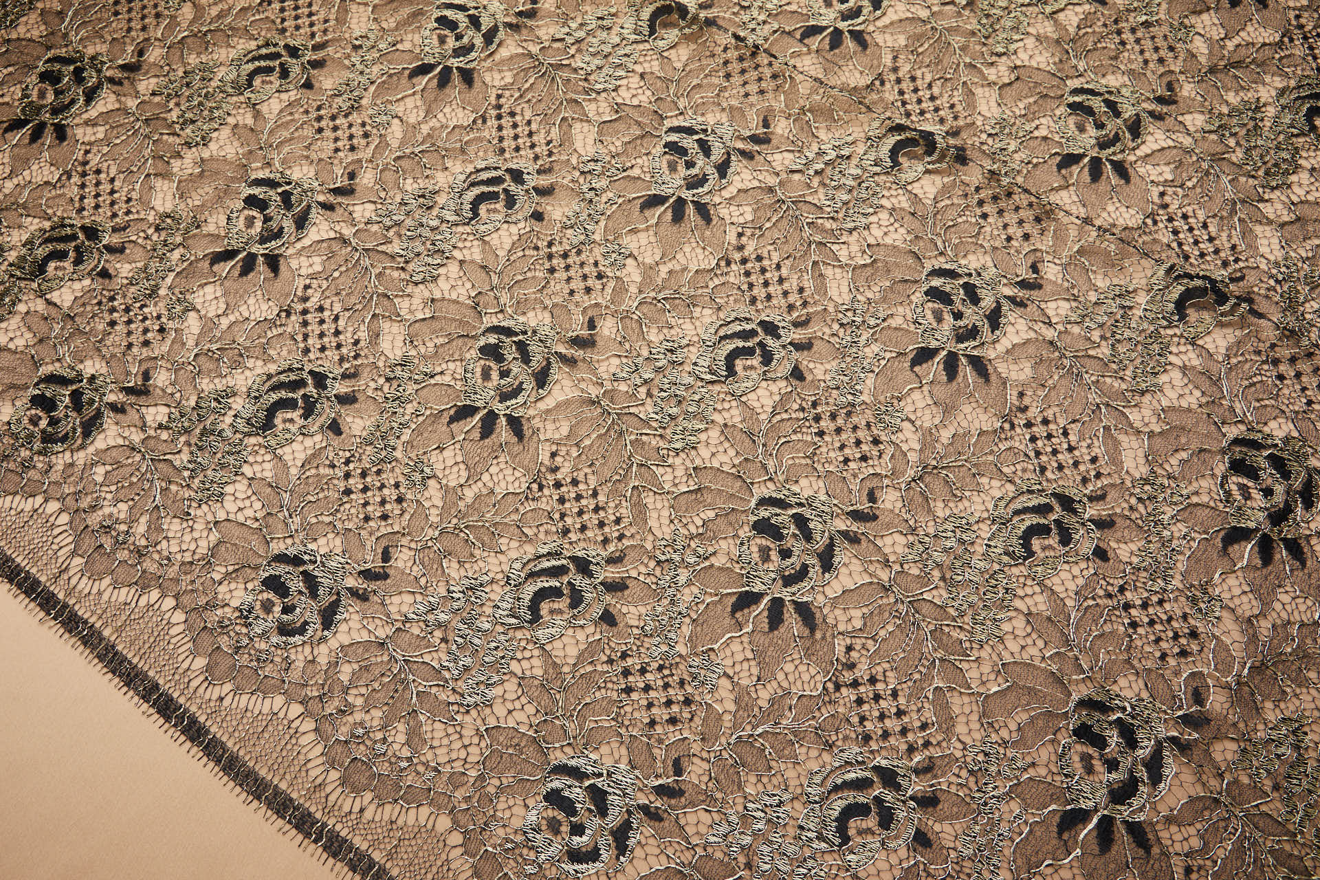 Flowers and Foliage Lace - Black with Gold Cord fabric, image 10 of 12