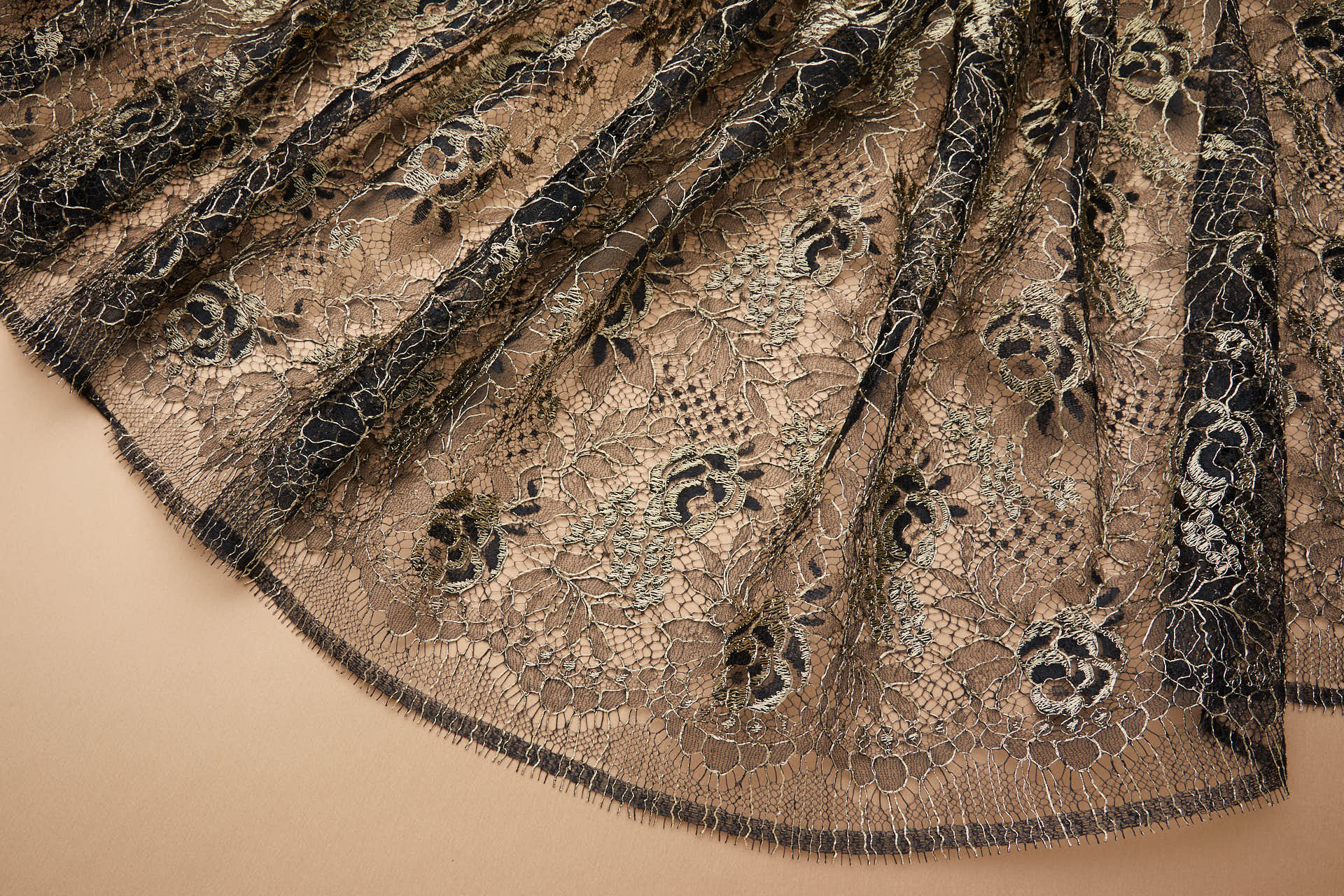 Flowers and Foliage Lace - Black with Gold Cord fabric, image 3 of 12