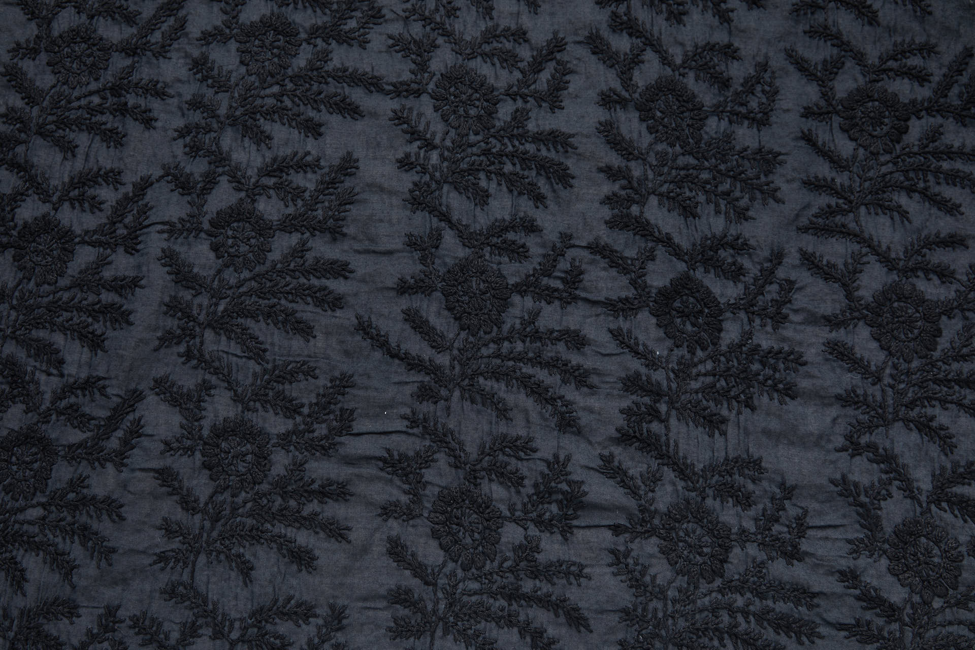 Black Cotton Floral Spray Embroidery on Washed Black Cotton Mull fabric, image 5 of 8