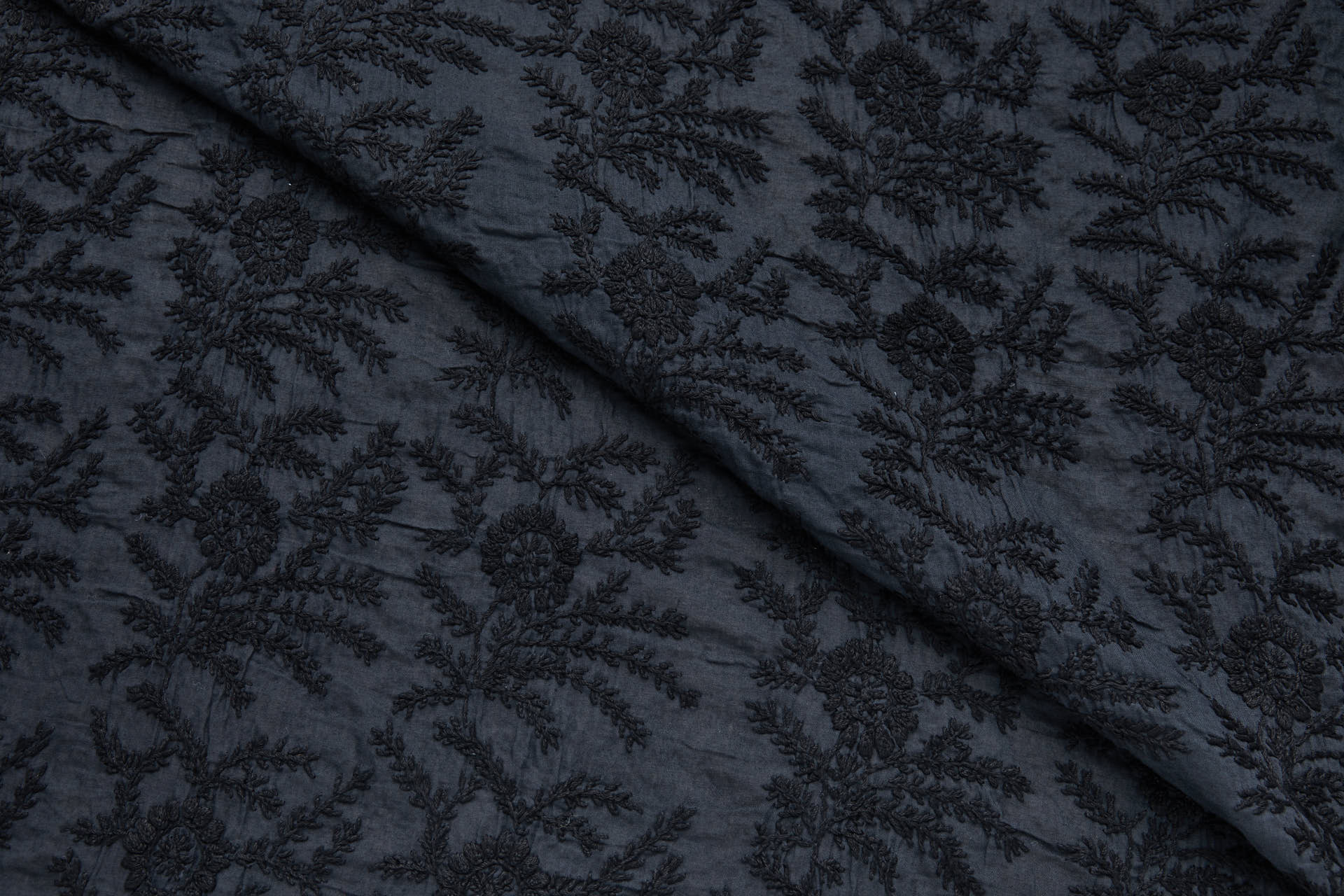 Black Cotton Floral Spray Embroidery on Washed Black Cotton Mull fabric, image 3 of 8