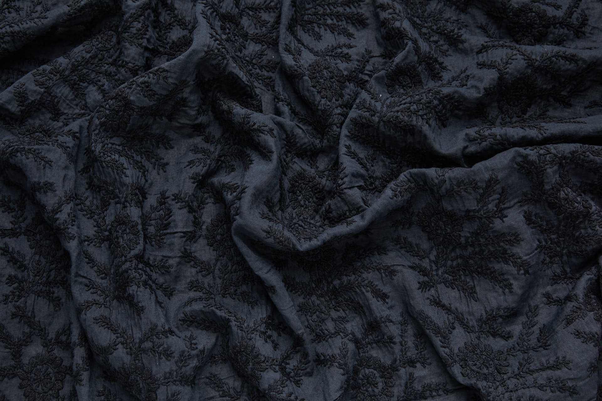 Black Cotton Floral Spray Embroidery on Washed Black Cotton Mull fabric, image 6 of 8