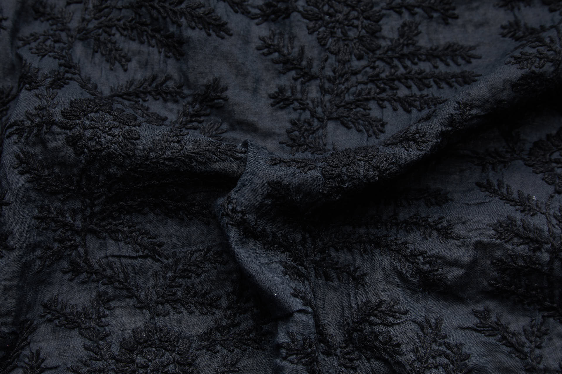 Black Cotton Floral Spray Embroidery on Washed Black Cotton Mull fabric, image 2 of 8