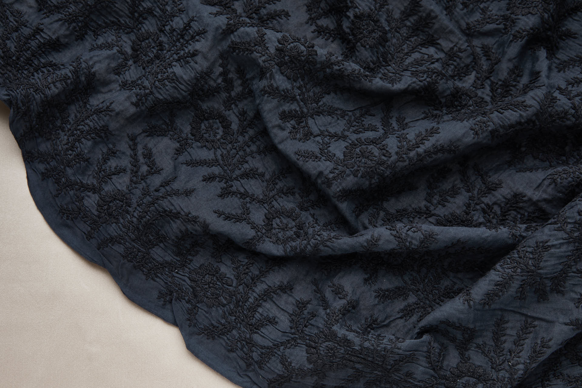 Black Cotton Floral Spray Embroidery on Washed Black Cotton Mull fabric, image 4 of 8