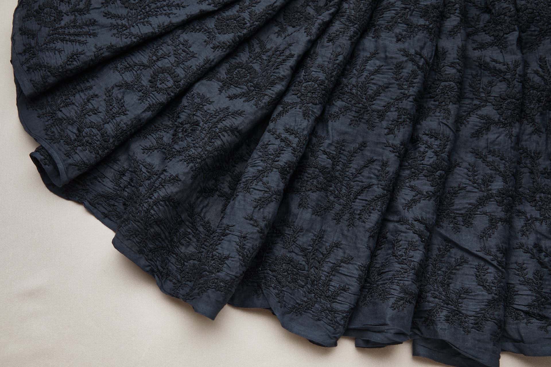 Black Cotton Floral Spray Embroidery on Washed Black Cotton Mull fabric