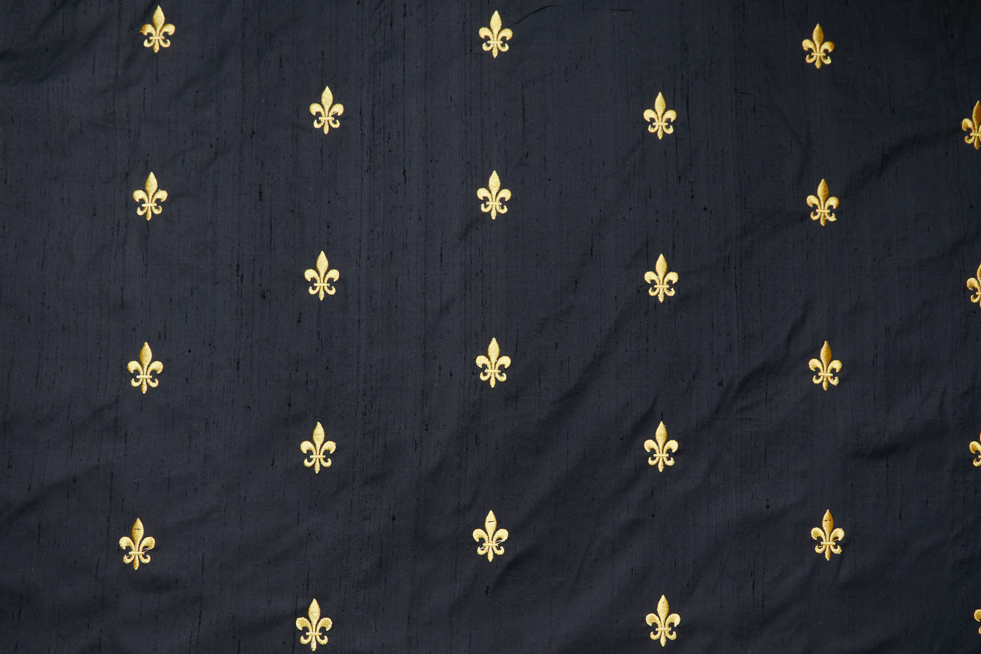Gold Fleur de Lys Embroidery on Black Silk Dupion fabric, image 7 of 10
