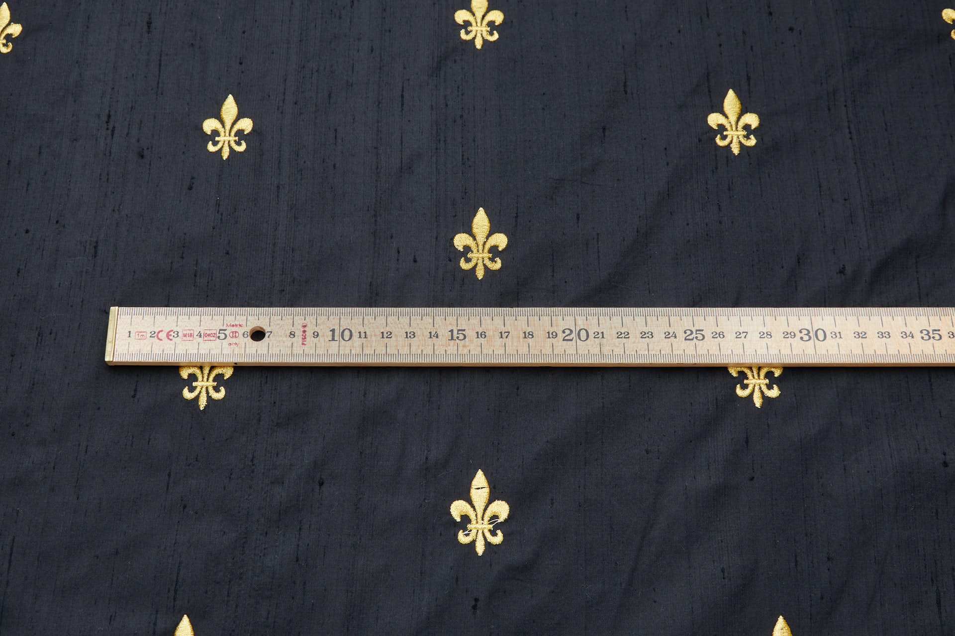 Gold Fleur de Lys Embroidery on Black Silk Dupion fabric, image 8 of 10