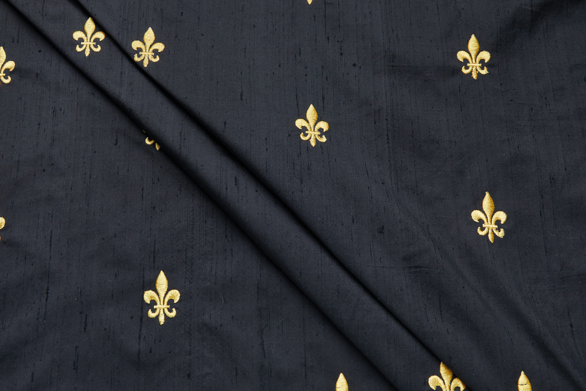 Gold Fleur de Lys Embroidery on Black Silk Dupion fabric, image 3 of 10