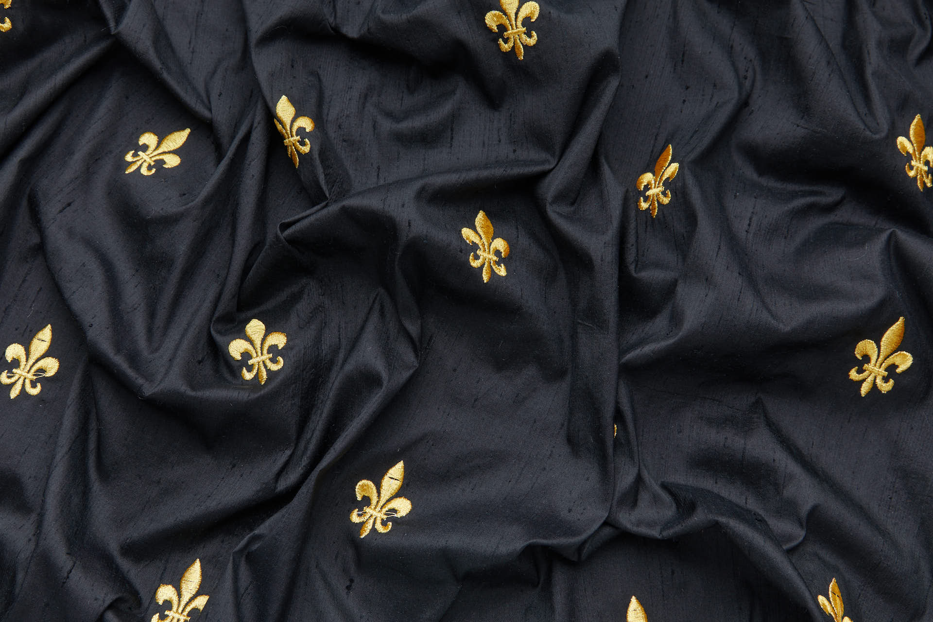 Gold Fleur de Lys Embroidery on Black Silk Dupion fabric, image 9 of 10
