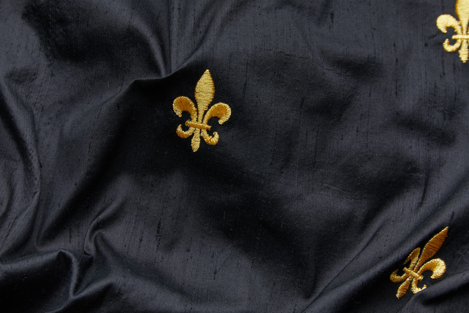 Gold Fleur de Lys Embroidery on Black Silk Dupion fabric, image 2 of 10