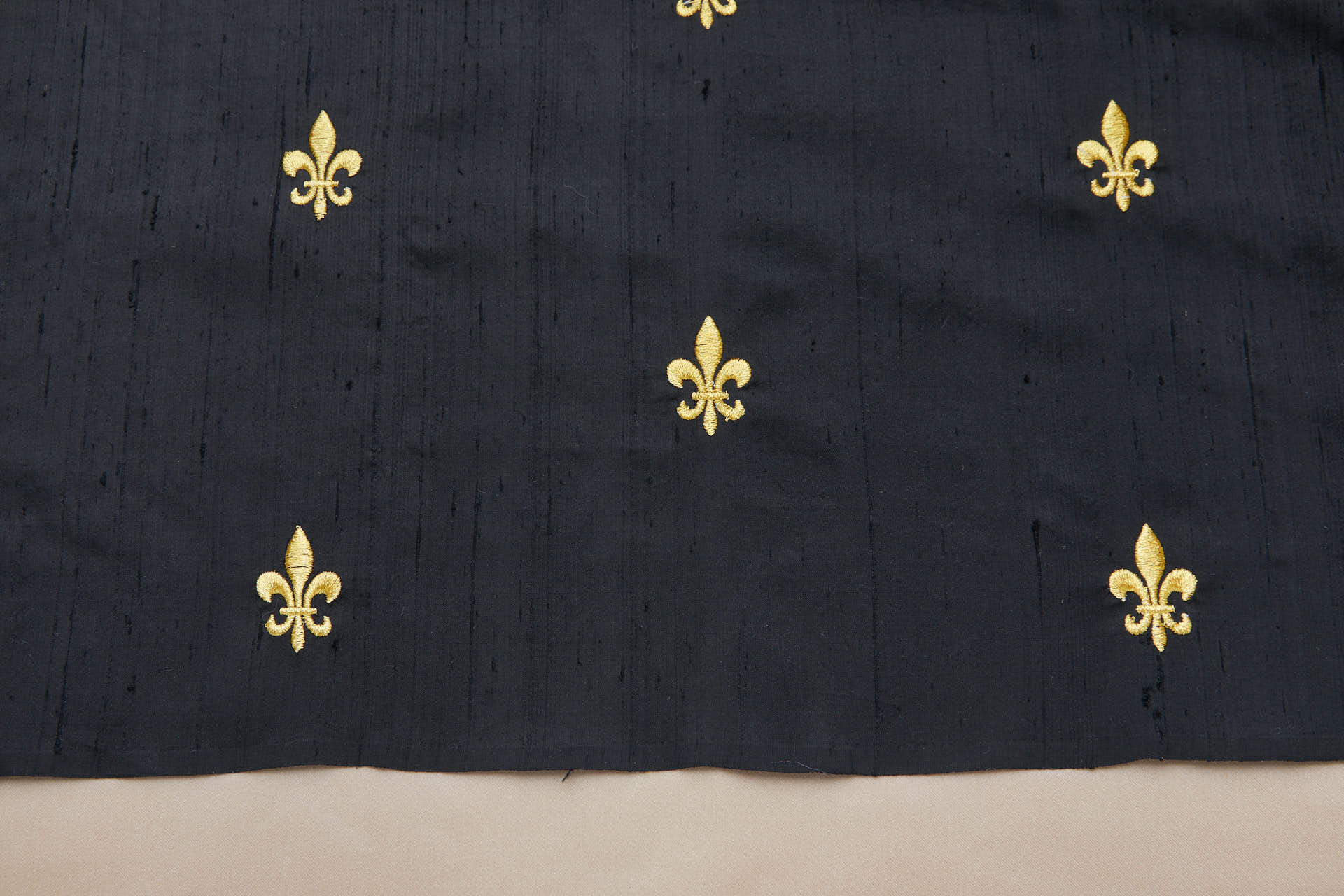 Gold Fleur de Lys Embroidery on Black Silk Dupion fabric, image 4 of 10