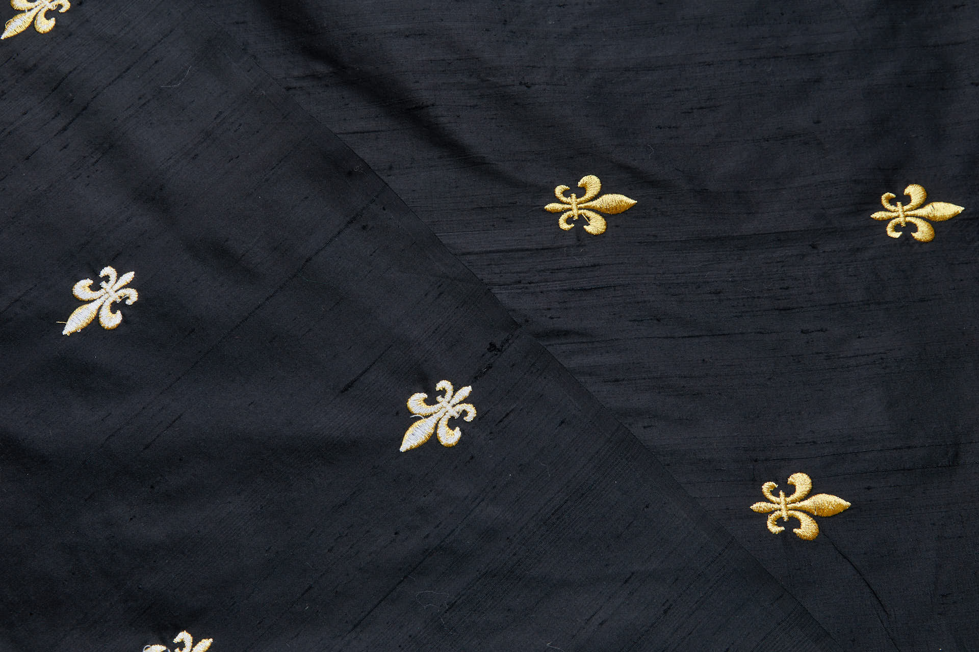 Gold Fleur de Lys Embroidery on Black Silk Dupion fabric, image 5 of 10