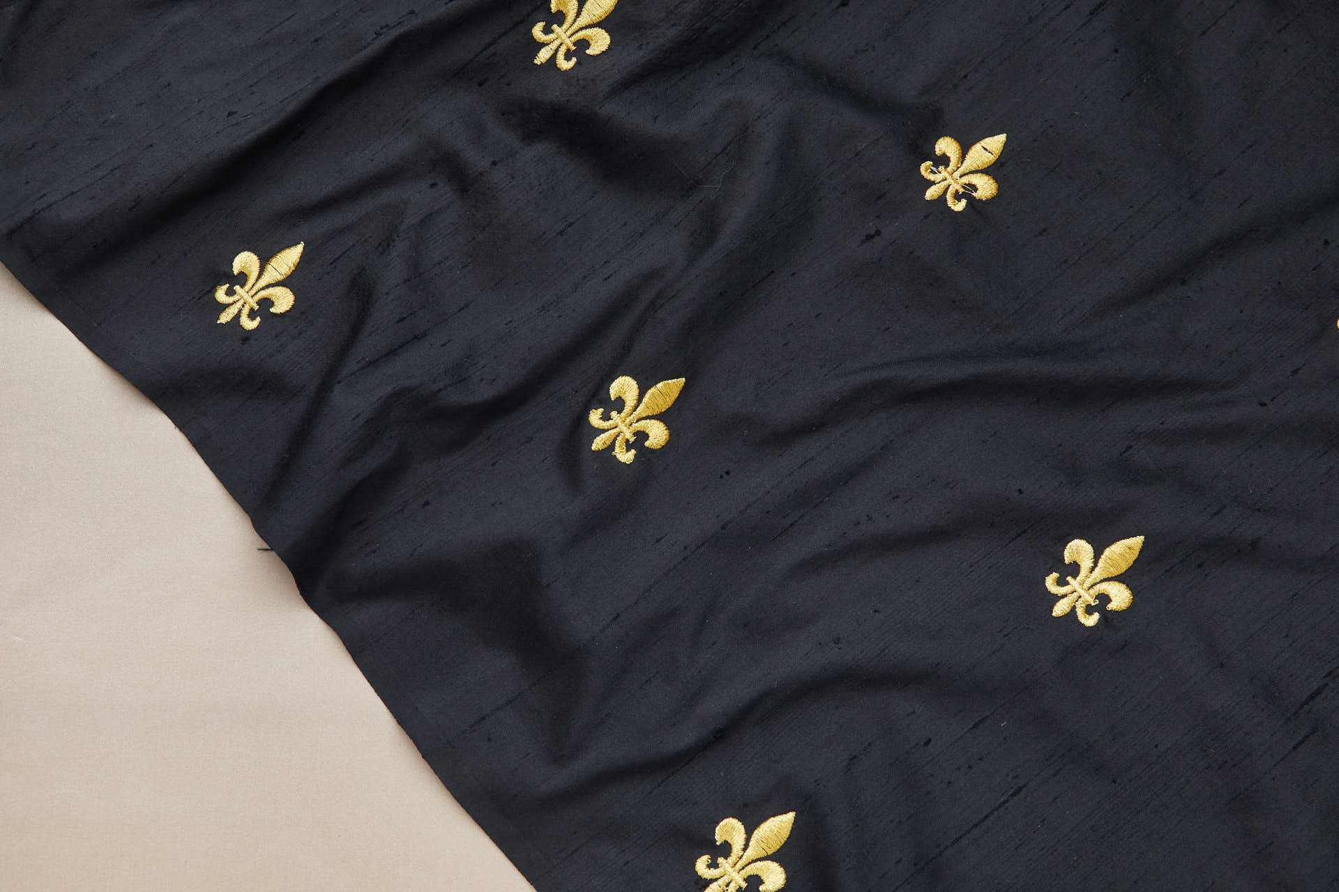 Gold Fleur de Lys Embroidery on Black Silk Dupion fabric, image 10 of 10