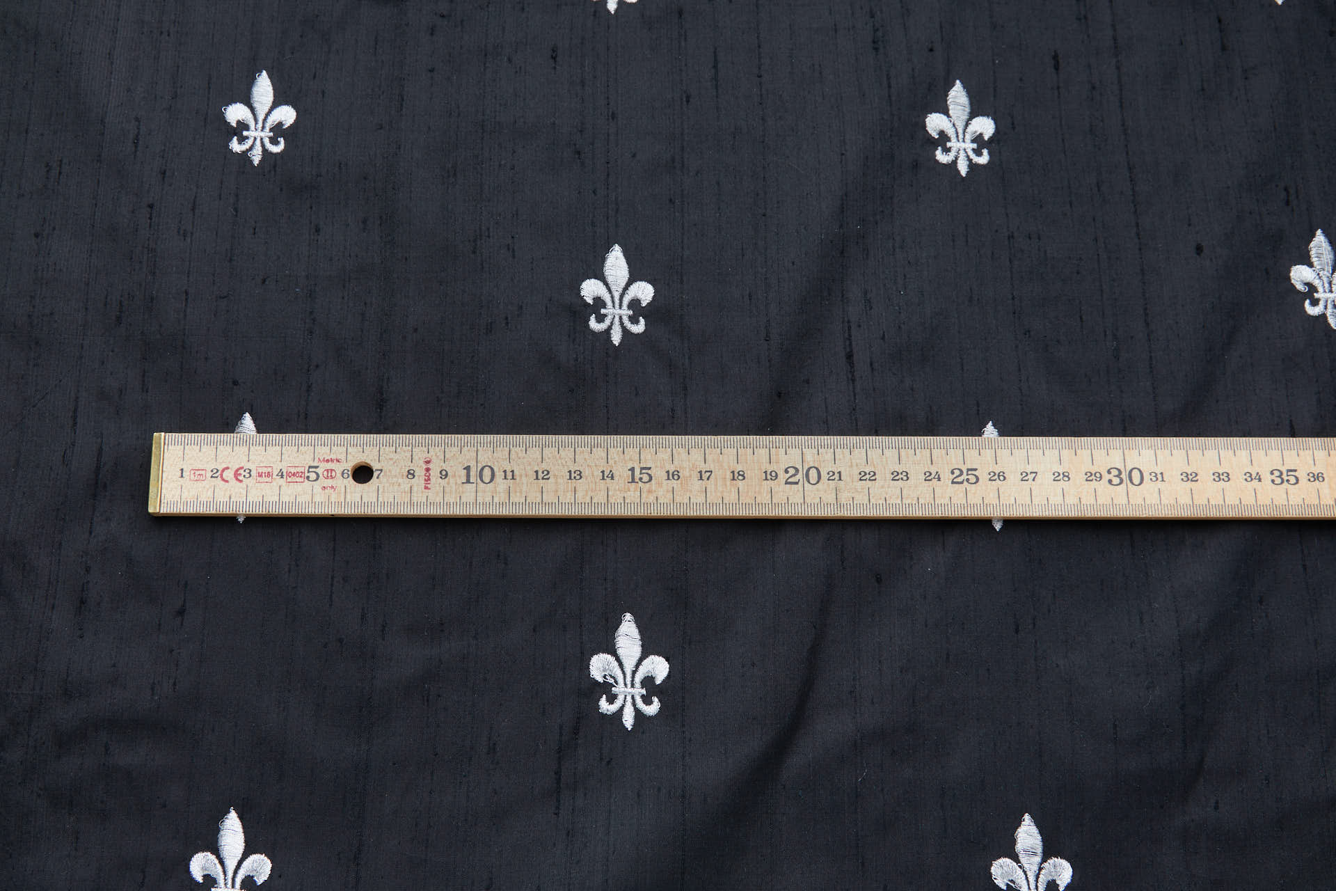 Silver Fleur de Lys Embroidery on Black Silk Dupion fabric, image 8 of 9
