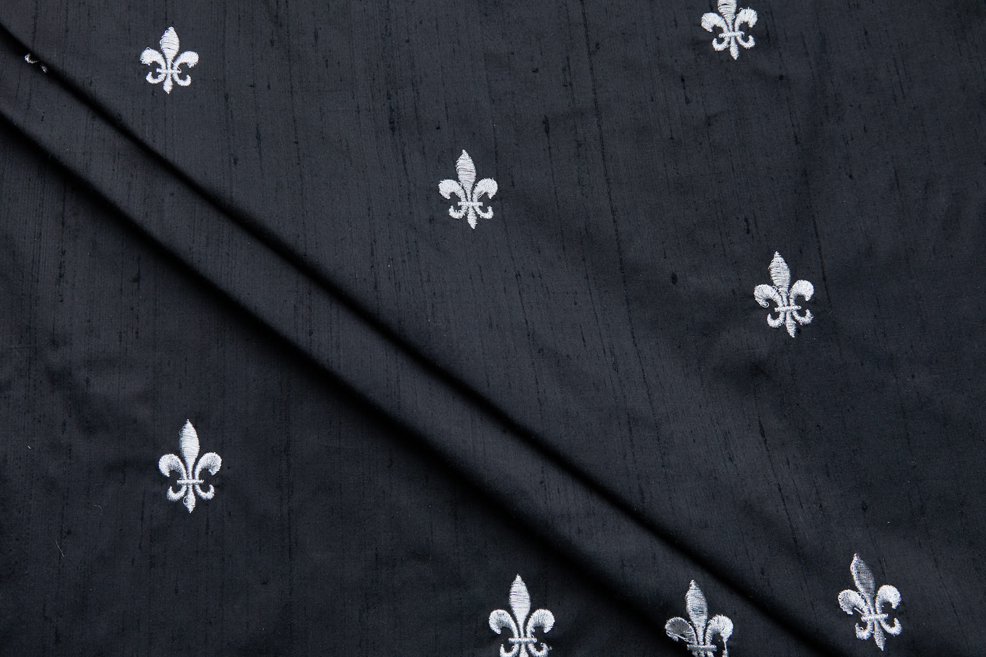 Silver Fleur de Lys Embroidery on Black Silk Dupion fabric, image 3 of 9