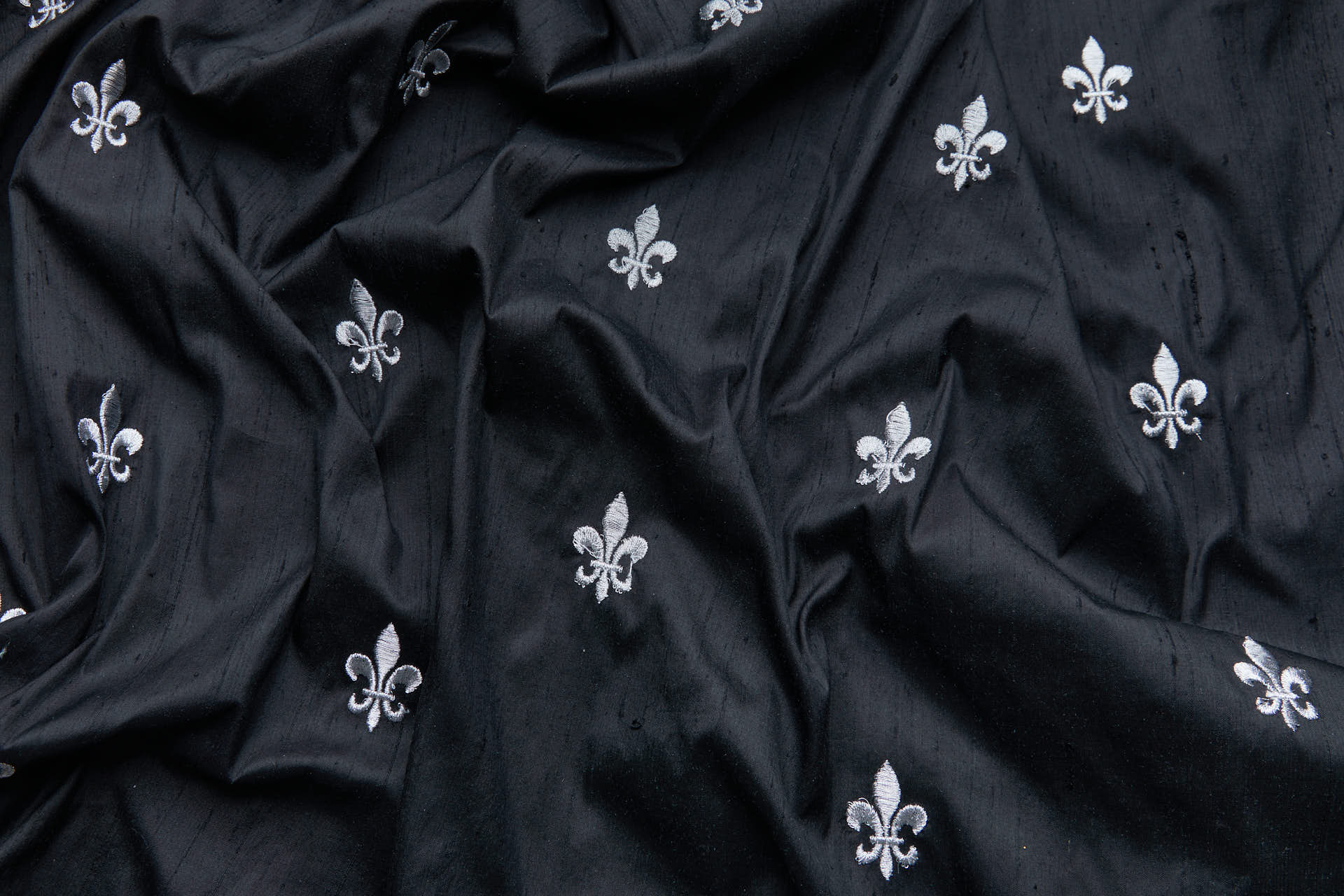 Silver Fleur de Lys Embroidery on Black Silk Dupion fabric, image 9 of 9